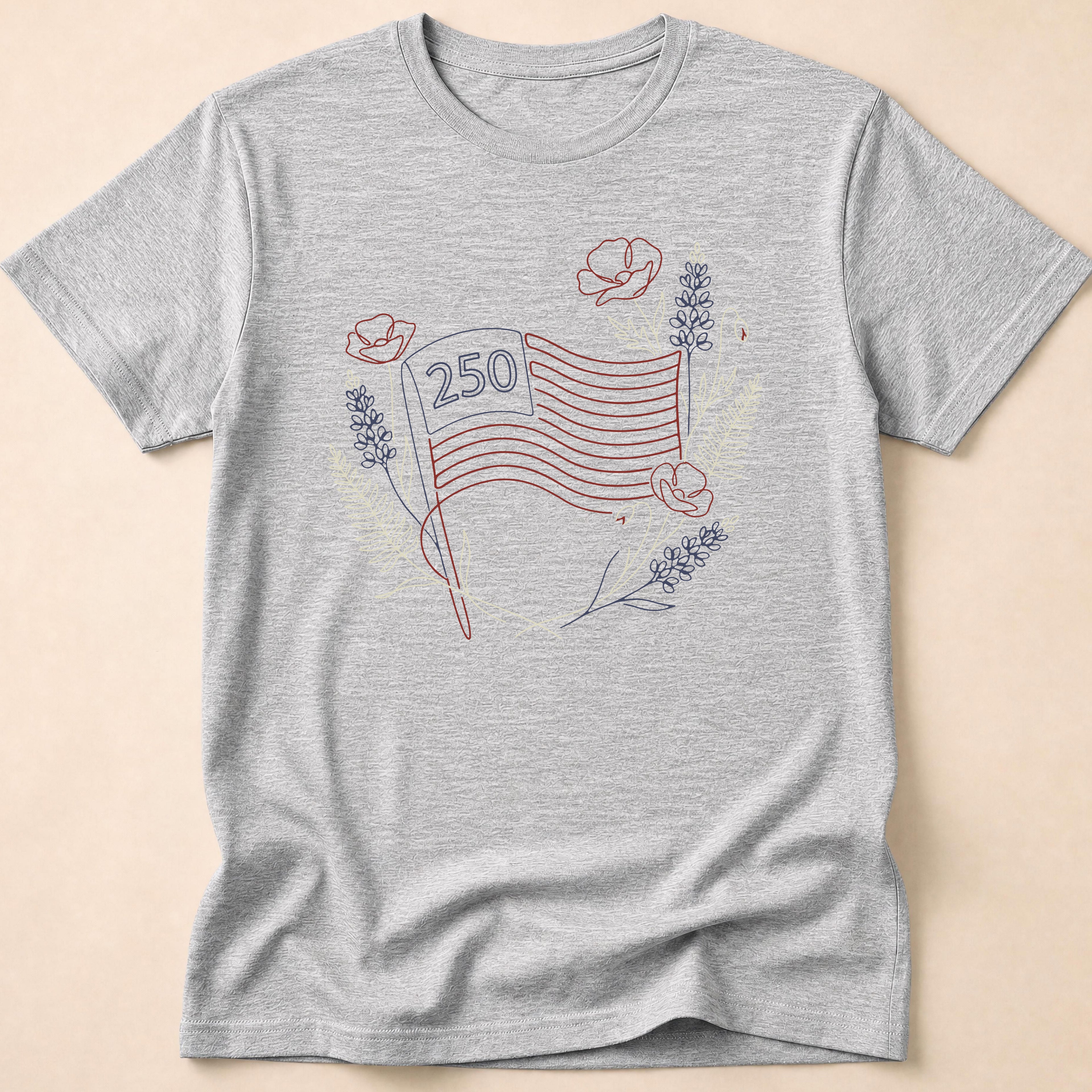 America 250 Floral Line Art Flag T-Shirt