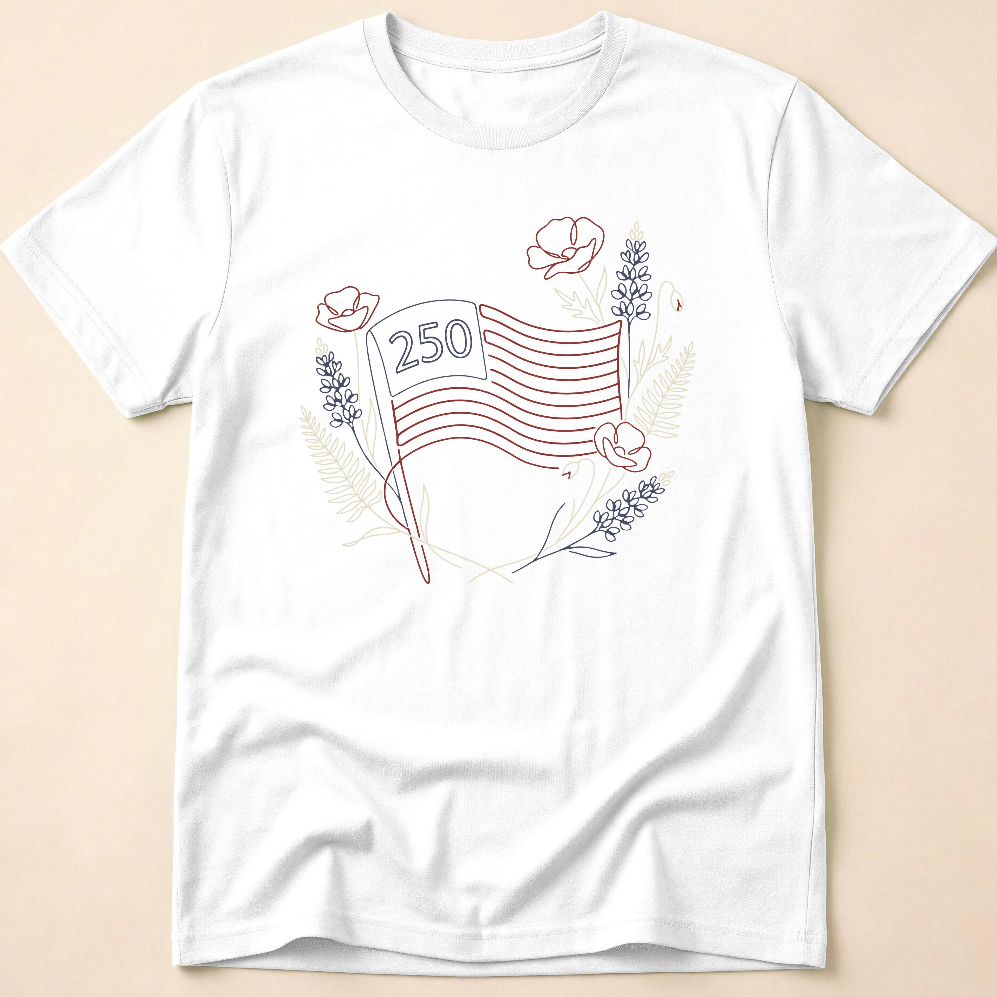 America 250 Floral Line Art Flag T-Shirt