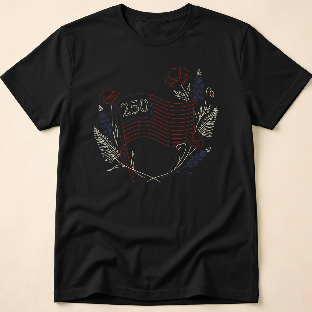 America 250 Floral Line Art Flag T-Shirt