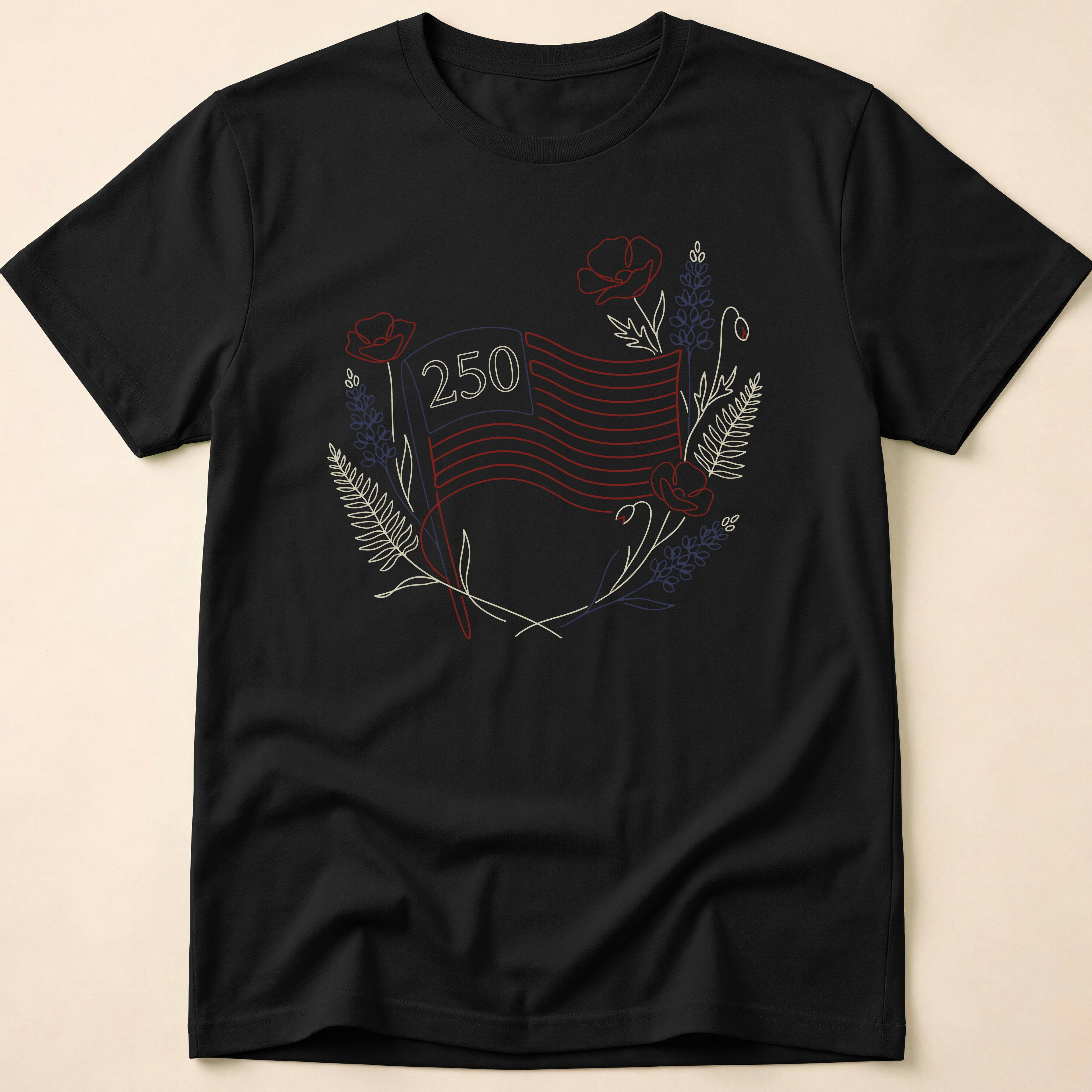 America 250 Floral Line Art Flag T-Shirt