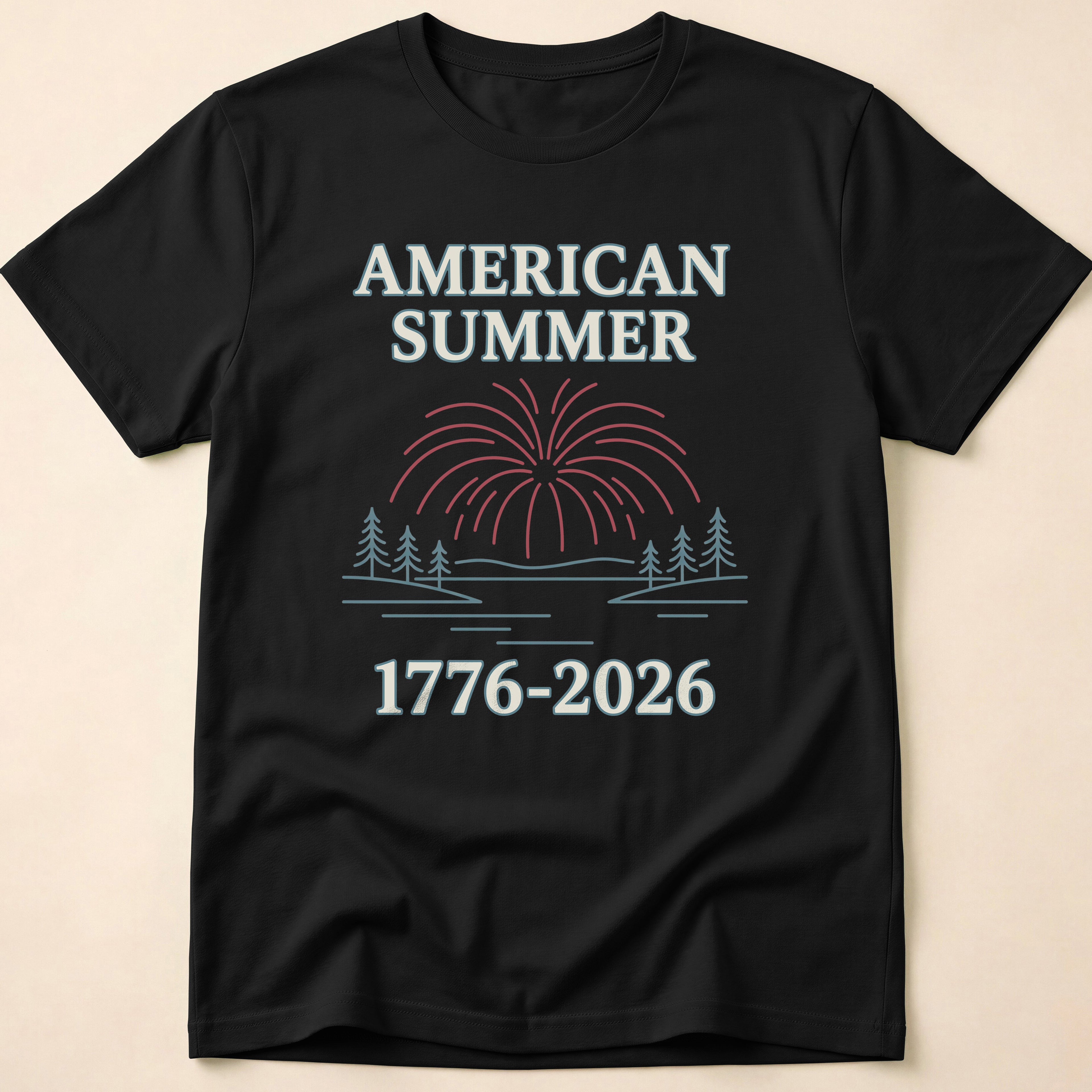 American Summer 1776-2026 Minimalist Lake Fireworks T-Shirt