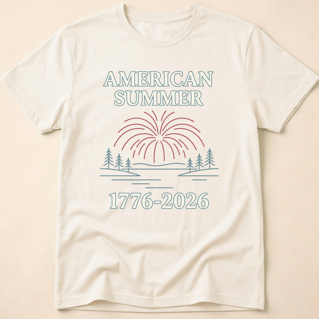 American Summer 1776-2026 Minimalist Lake Fireworks T-Shirt