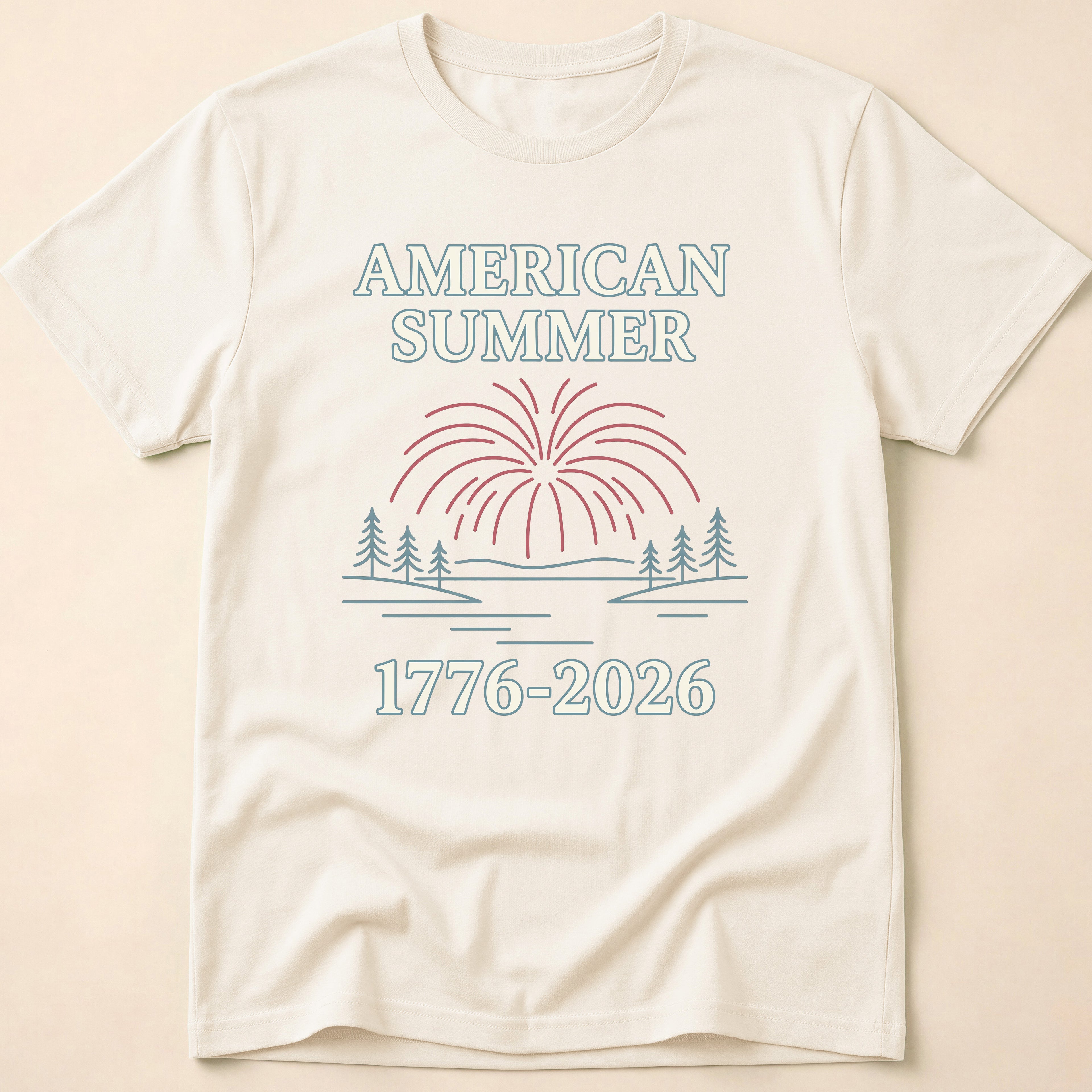 American Summer 1776-2026 Minimalist Lake Fireworks T-Shirt
