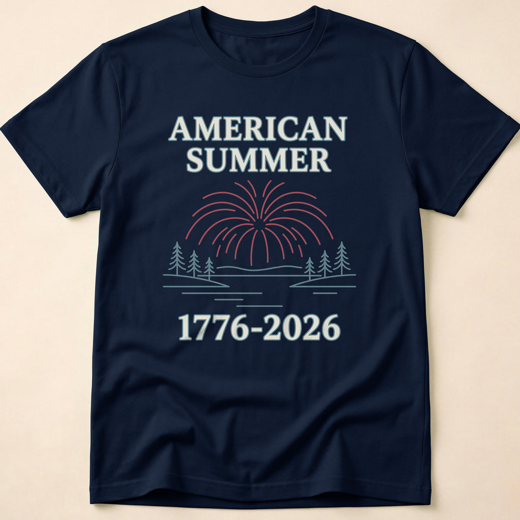 American Summer 1776-2026 Minimalist Lake Fireworks T-Shirt