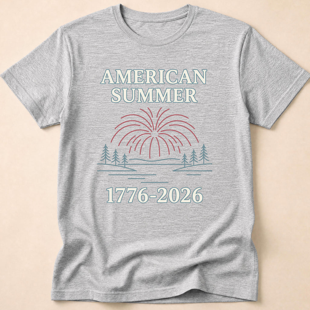 American Summer 1776-2026 Minimalist Lake Fireworks T-Shirt