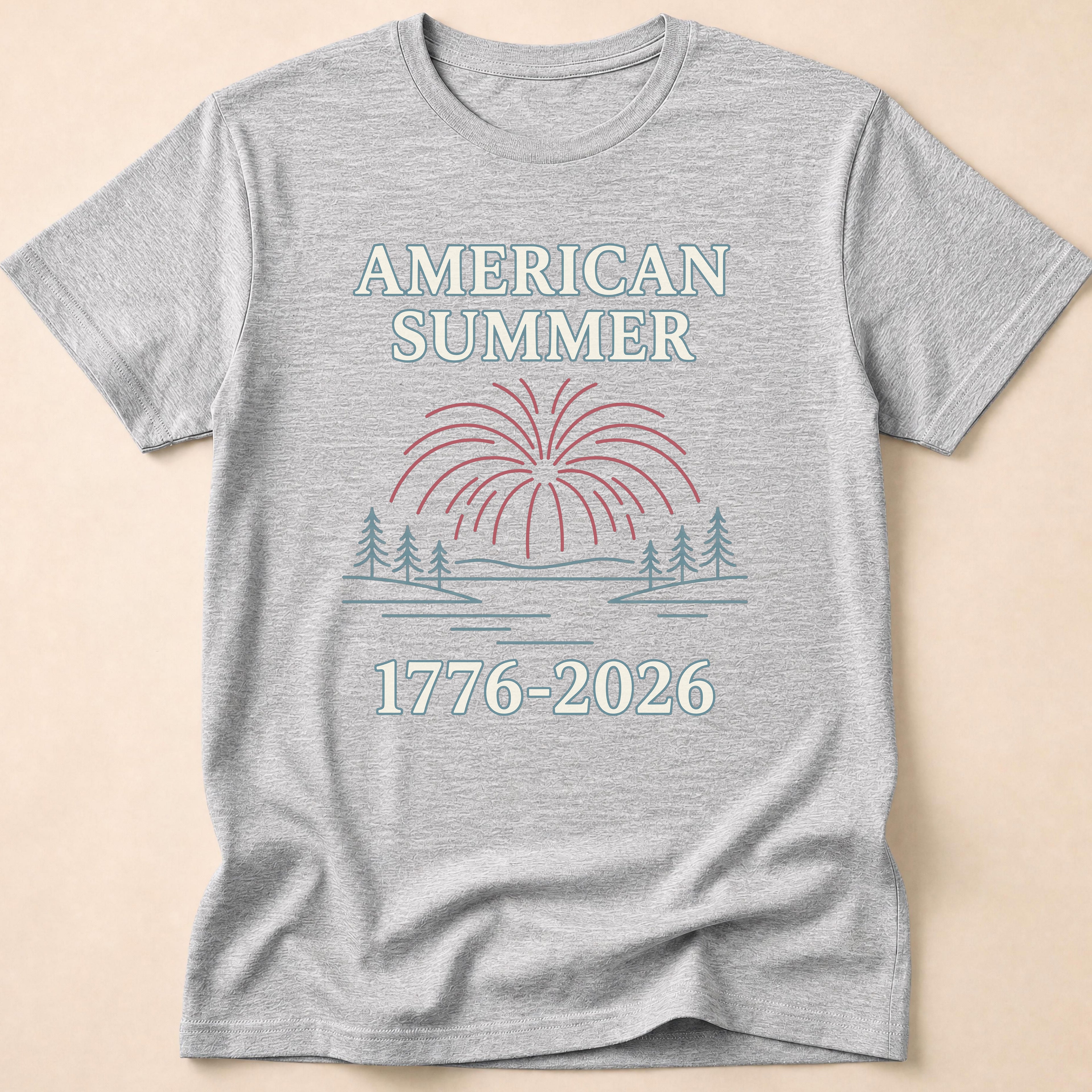 American Summer 1776-2026 Minimalist Lake Fireworks T-Shirt