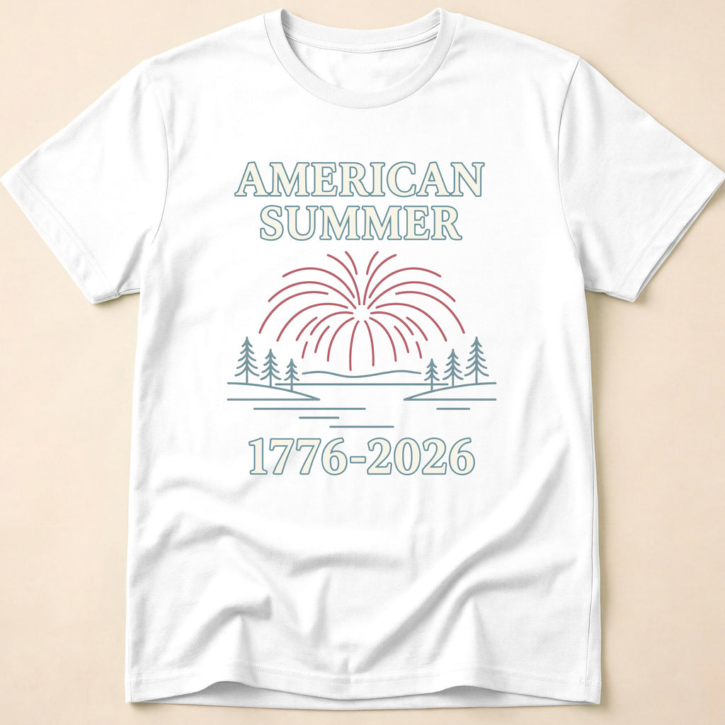 American Summer 1776-2026 Minimalist Lake Fireworks T-Shirt