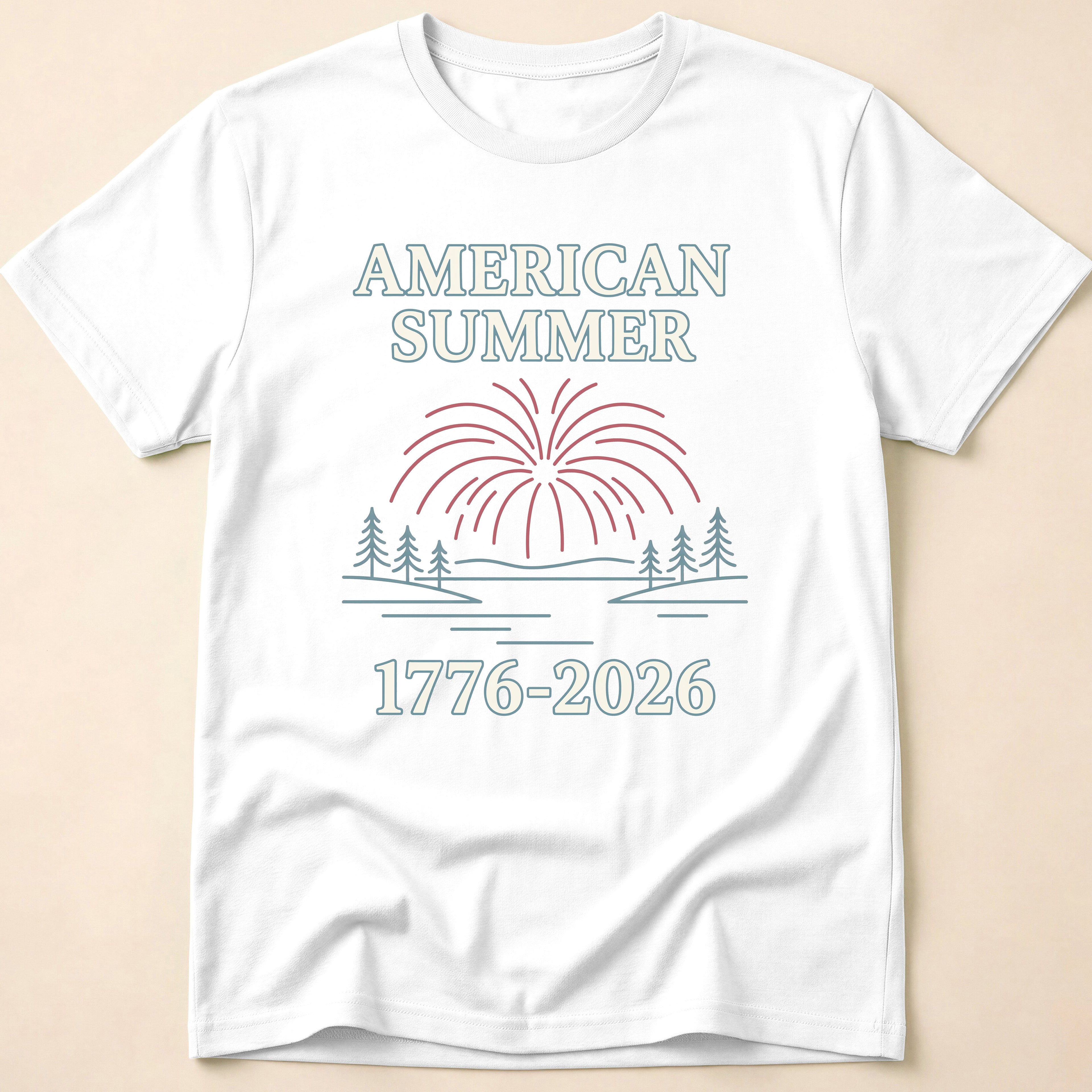 American Summer 1776-2026 Minimalist Lake Fireworks T-Shirt