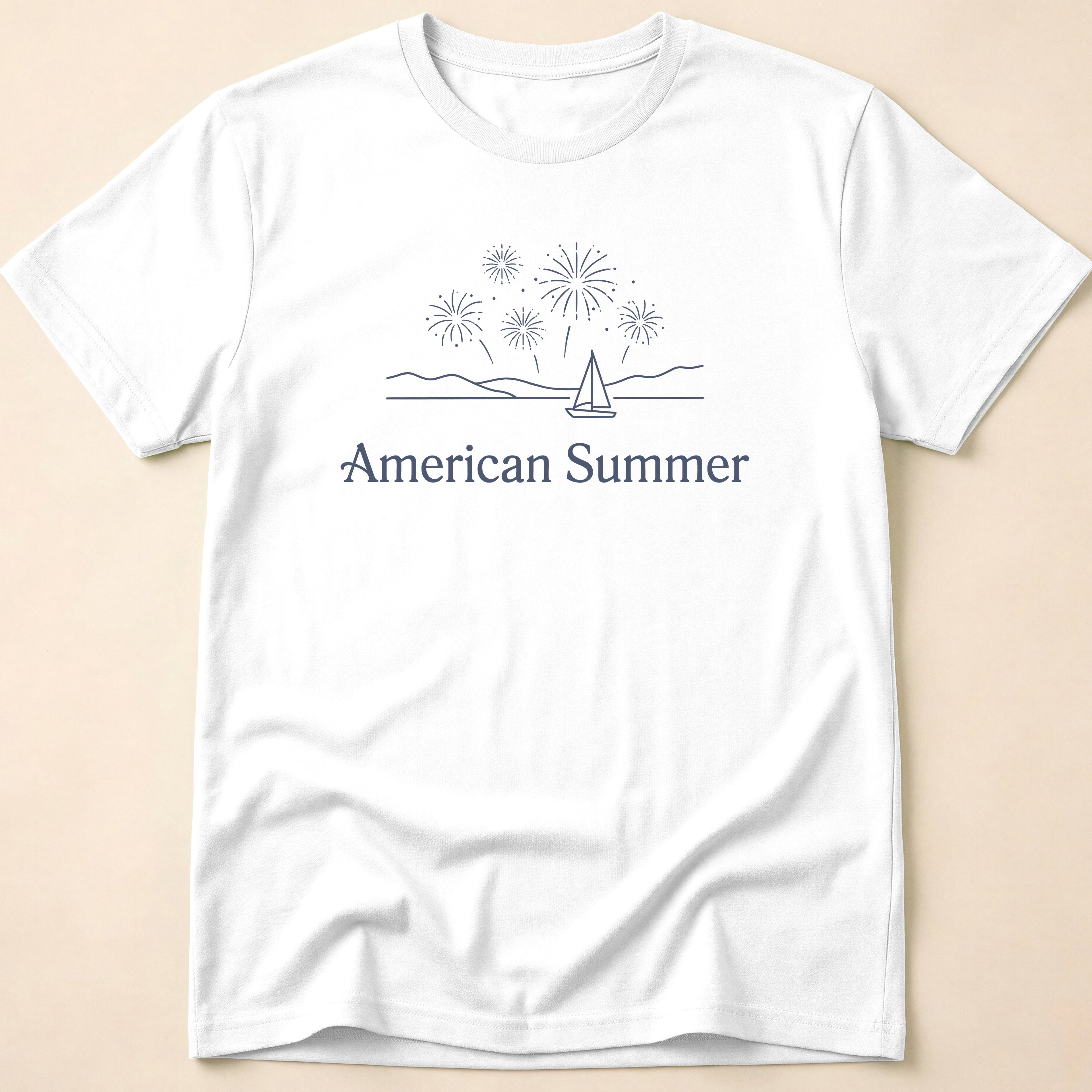 American Summer Minimalist Fireworks & Sailboat T-Shirt