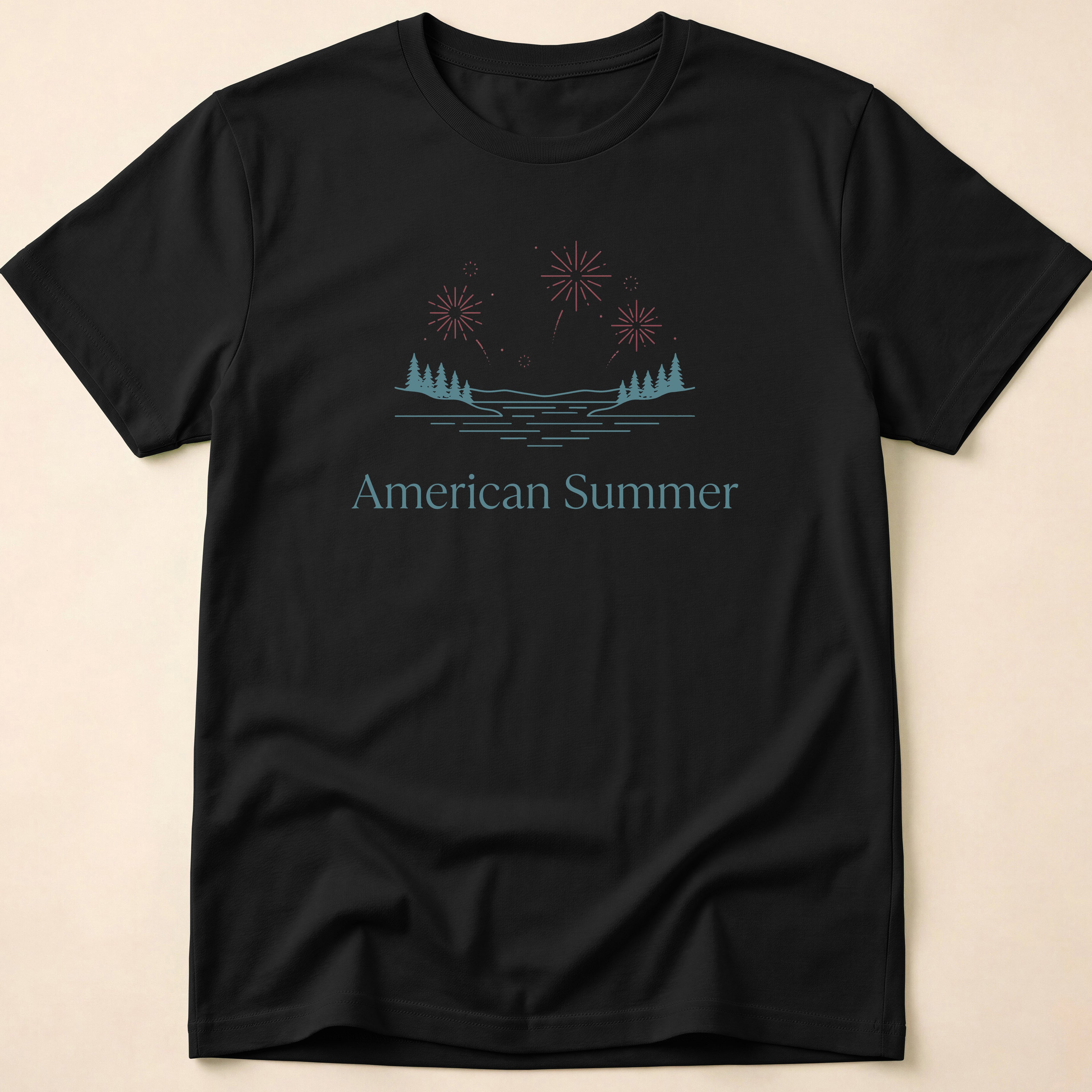 American Summer Minimalist Lake Fireworks T-Shirt