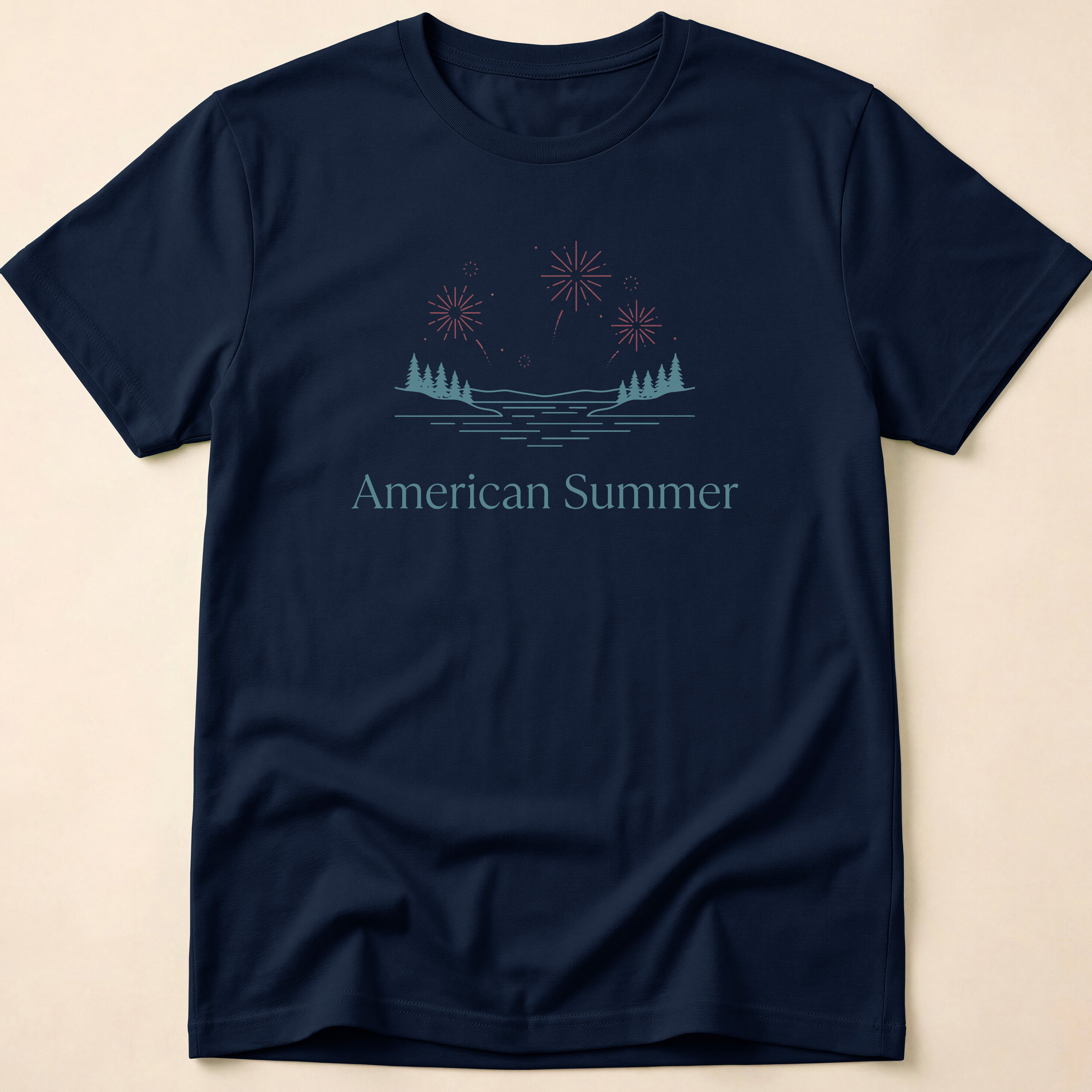 American Summer Minimalist Lake Fireworks T-Shirt
