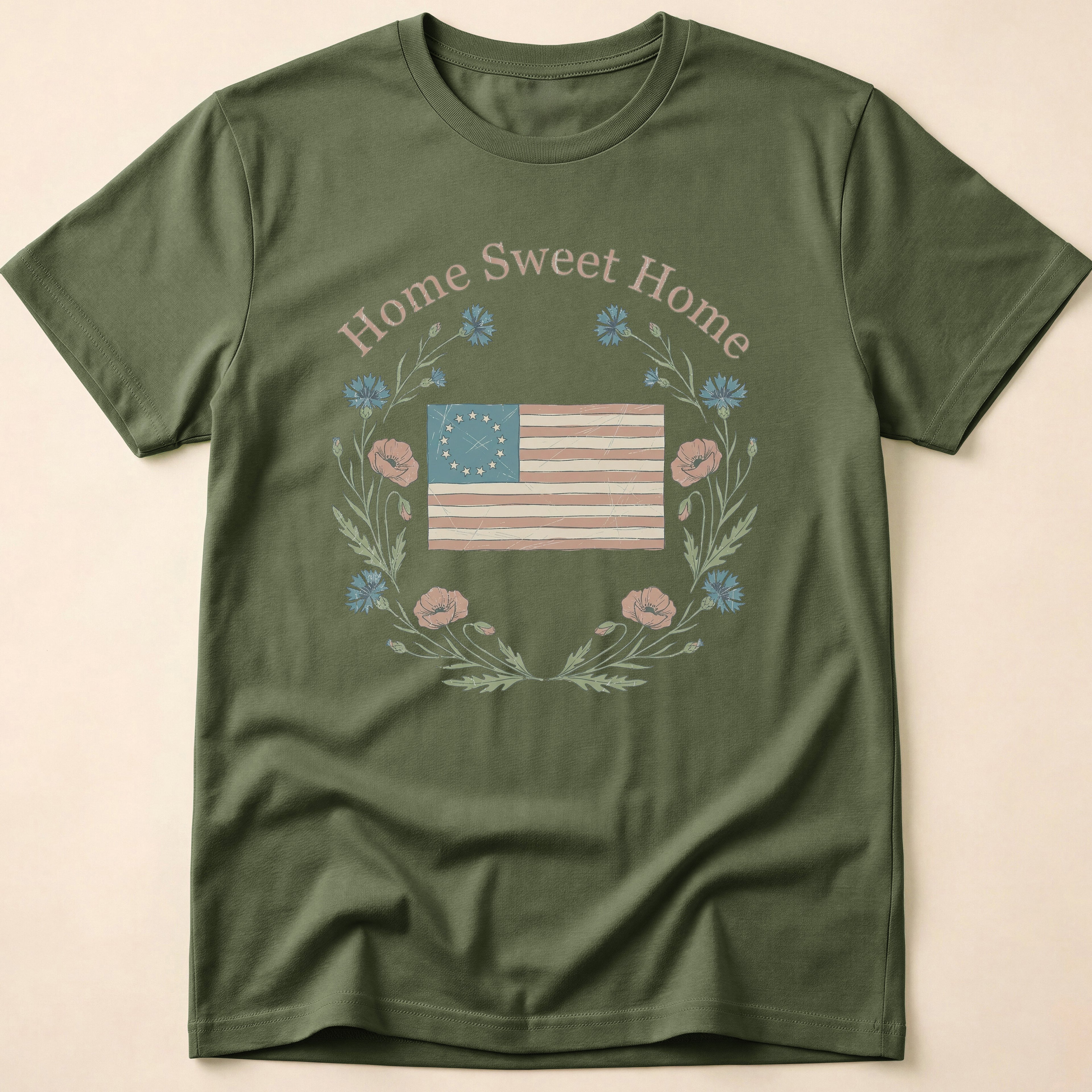 Vintage Floral Home Sweet Home Flag T-Shirt