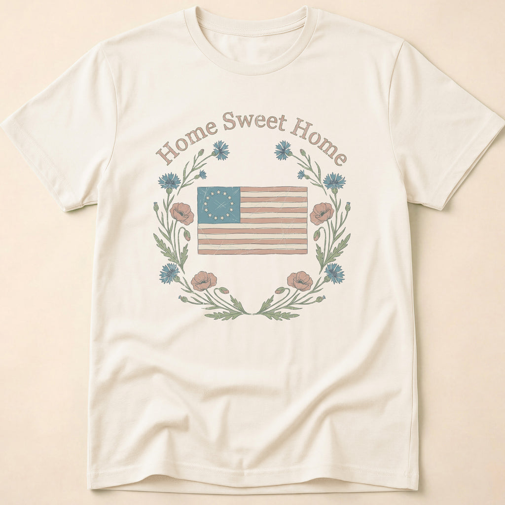 Vintage Floral Home Sweet Home Flag T-Shirt