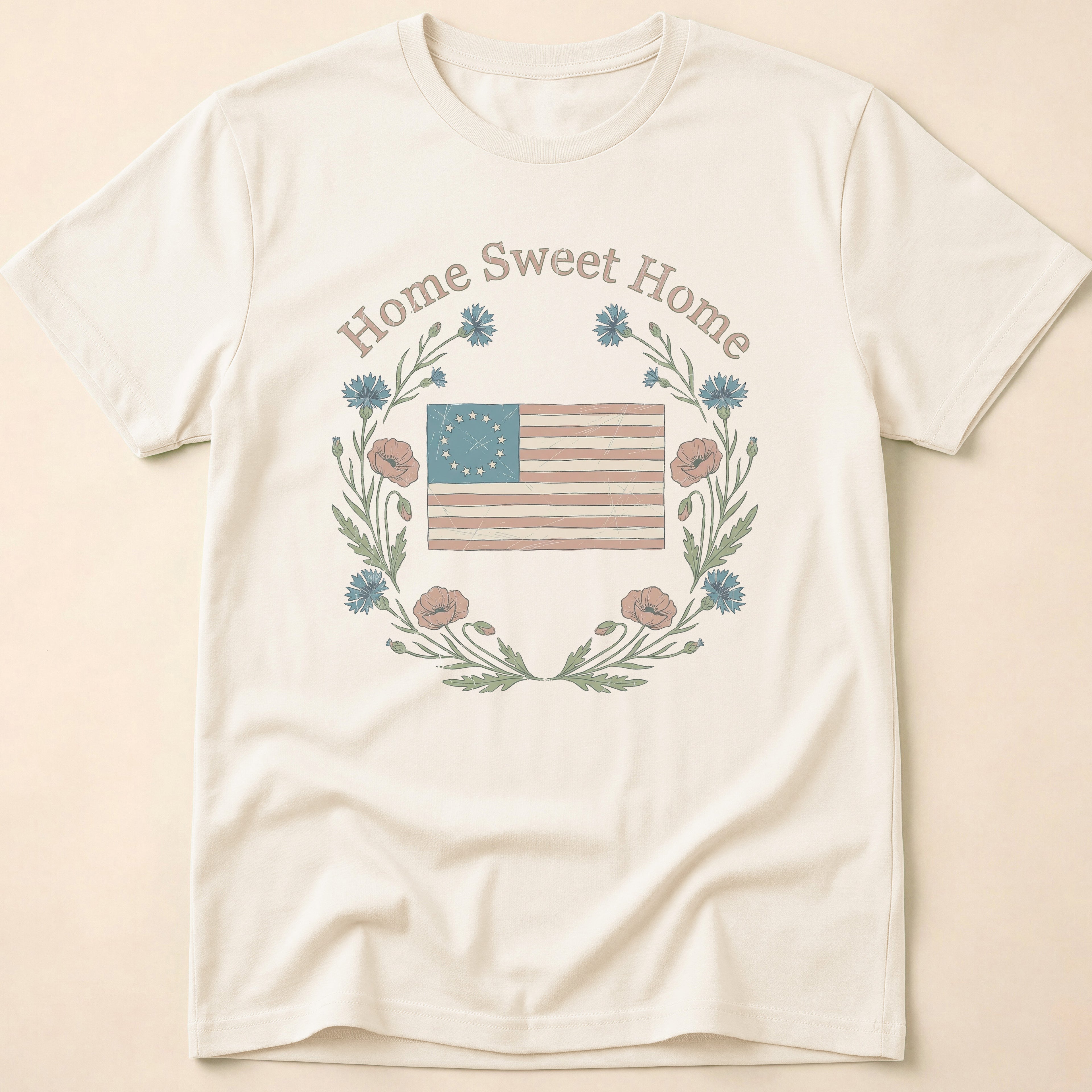 Vintage Floral Home Sweet Home Flag T-Shirt