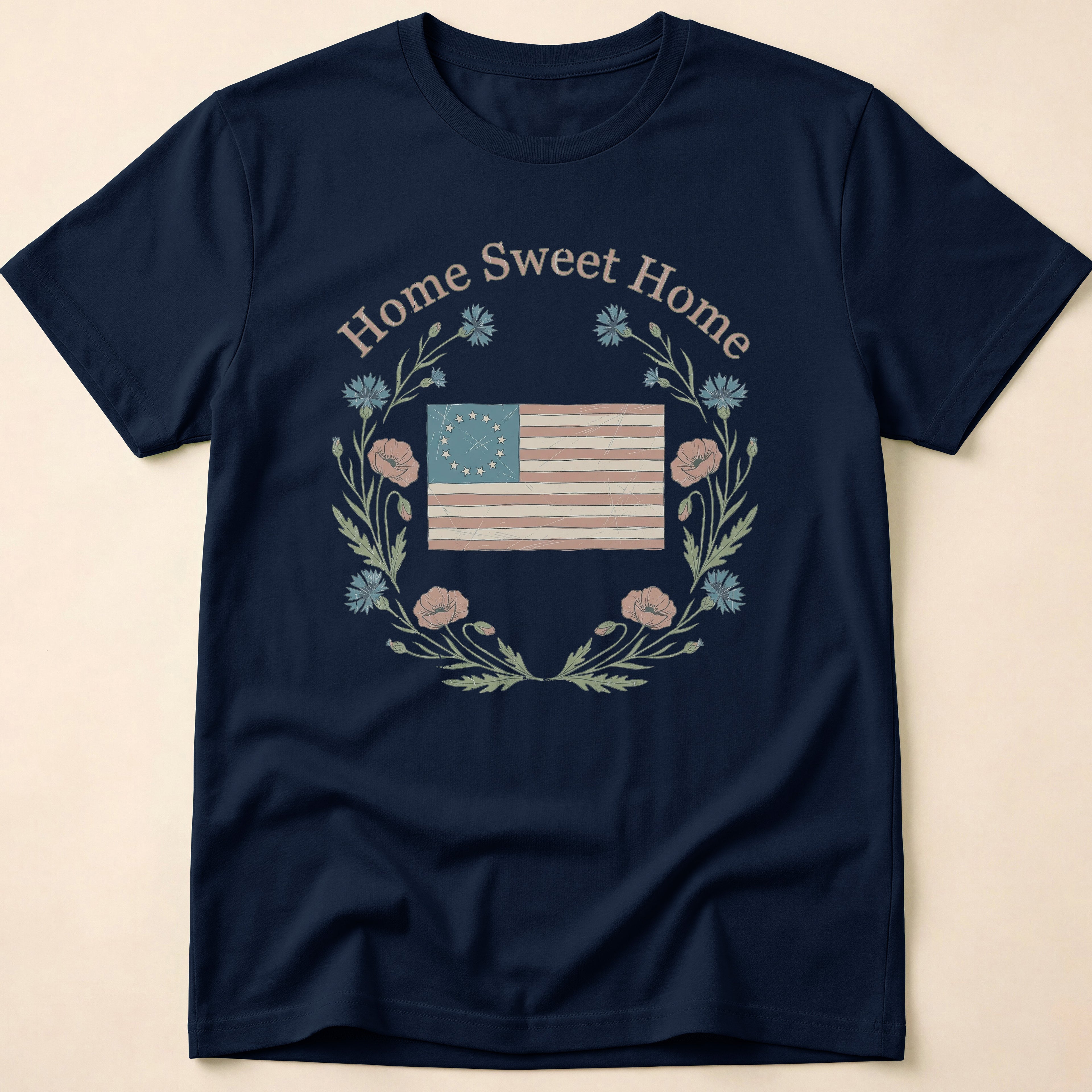 Vintage Floral Home Sweet Home Flag T-Shirt