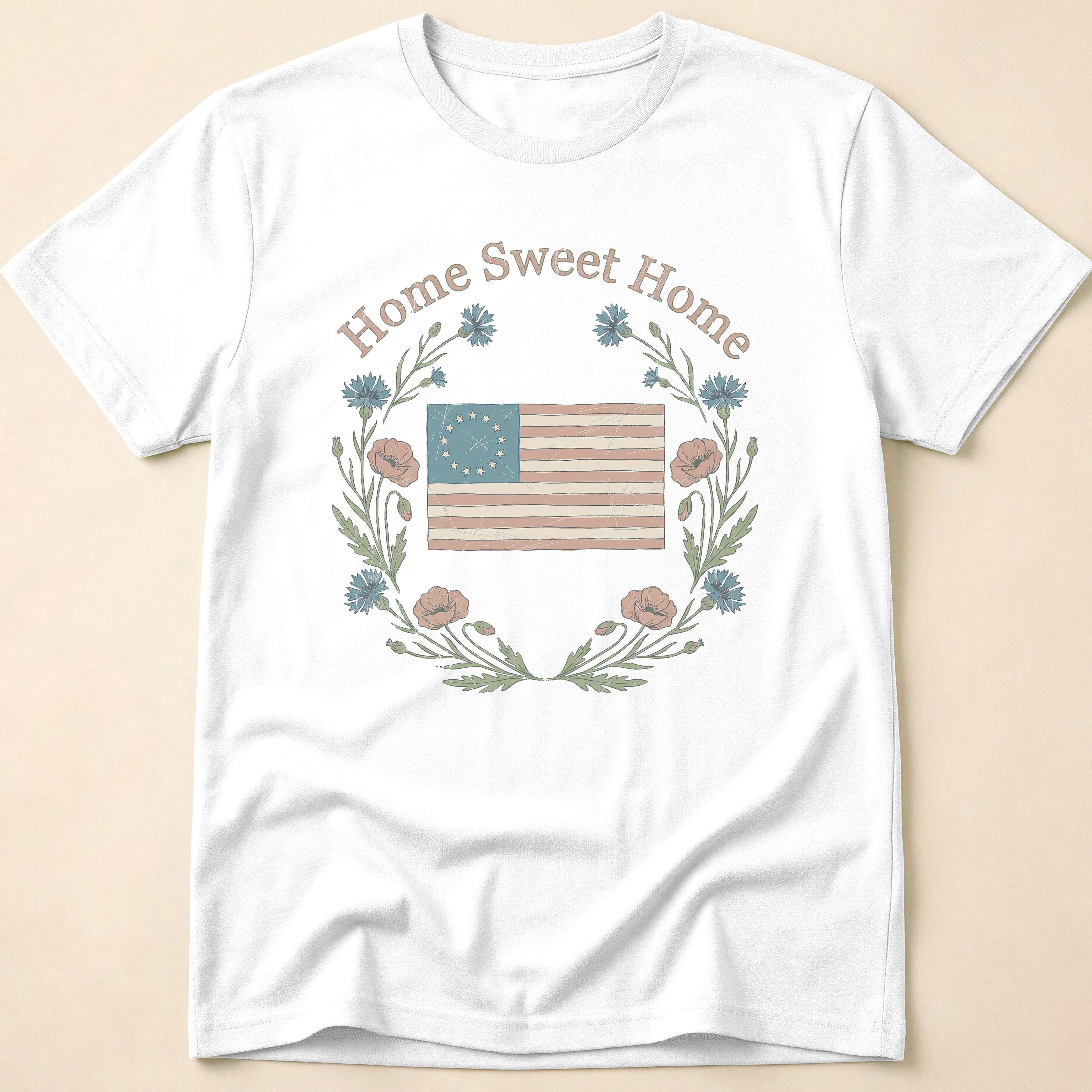 Vintage Floral Home Sweet Home Flag T-Shirt