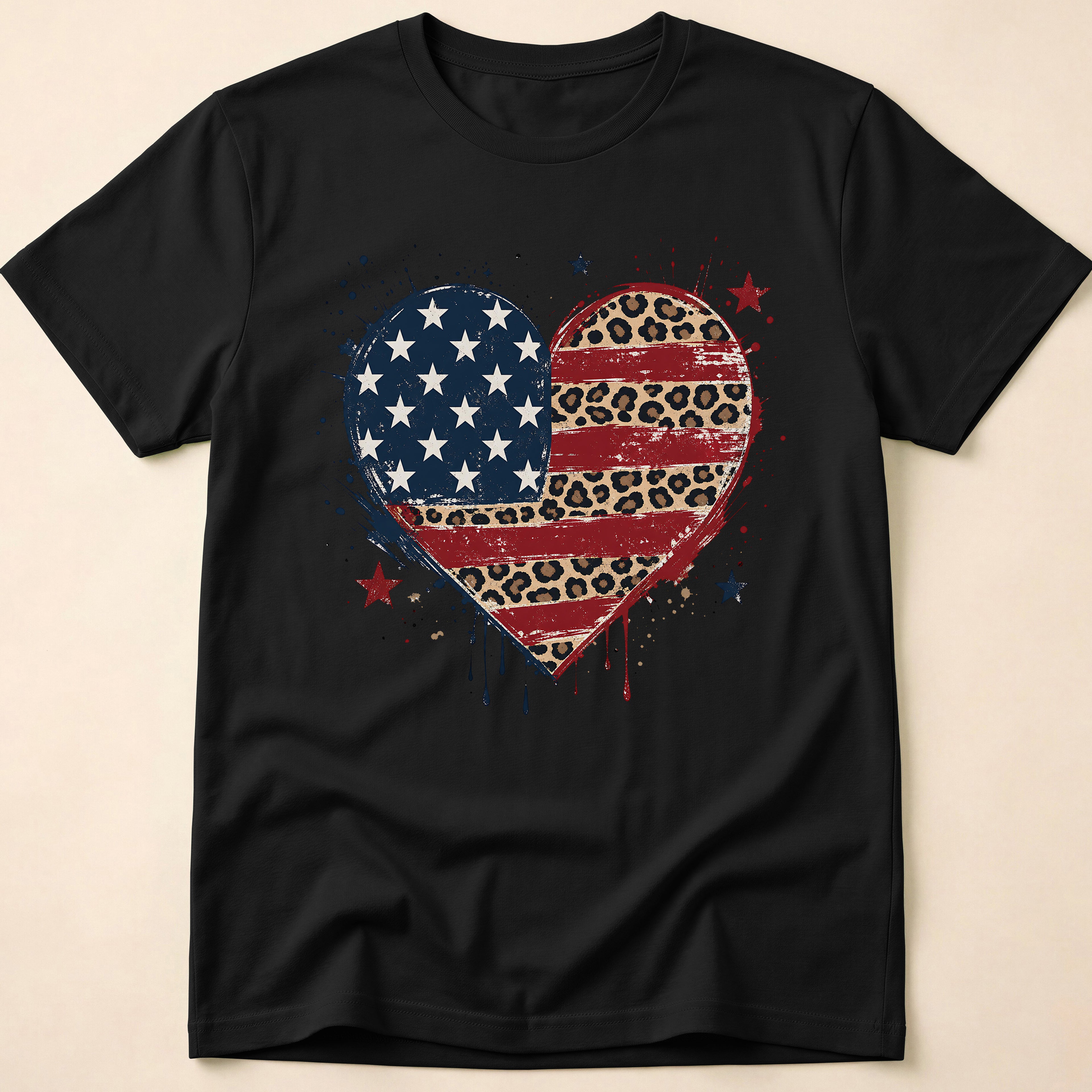 Distressed Leopard Print Heart USA Flag T-Shirt