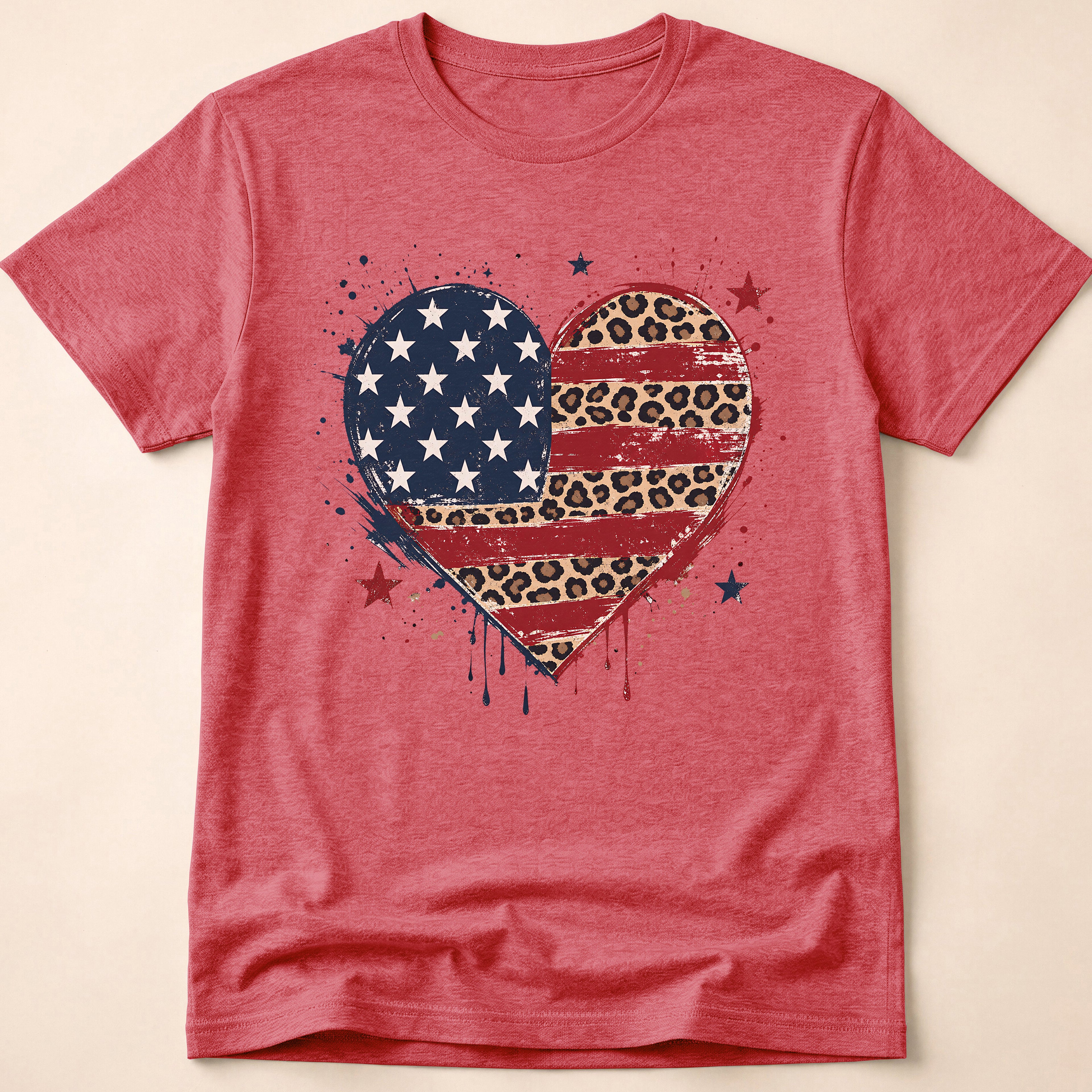Distressed Leopard Print Heart USA Flag T-Shirt