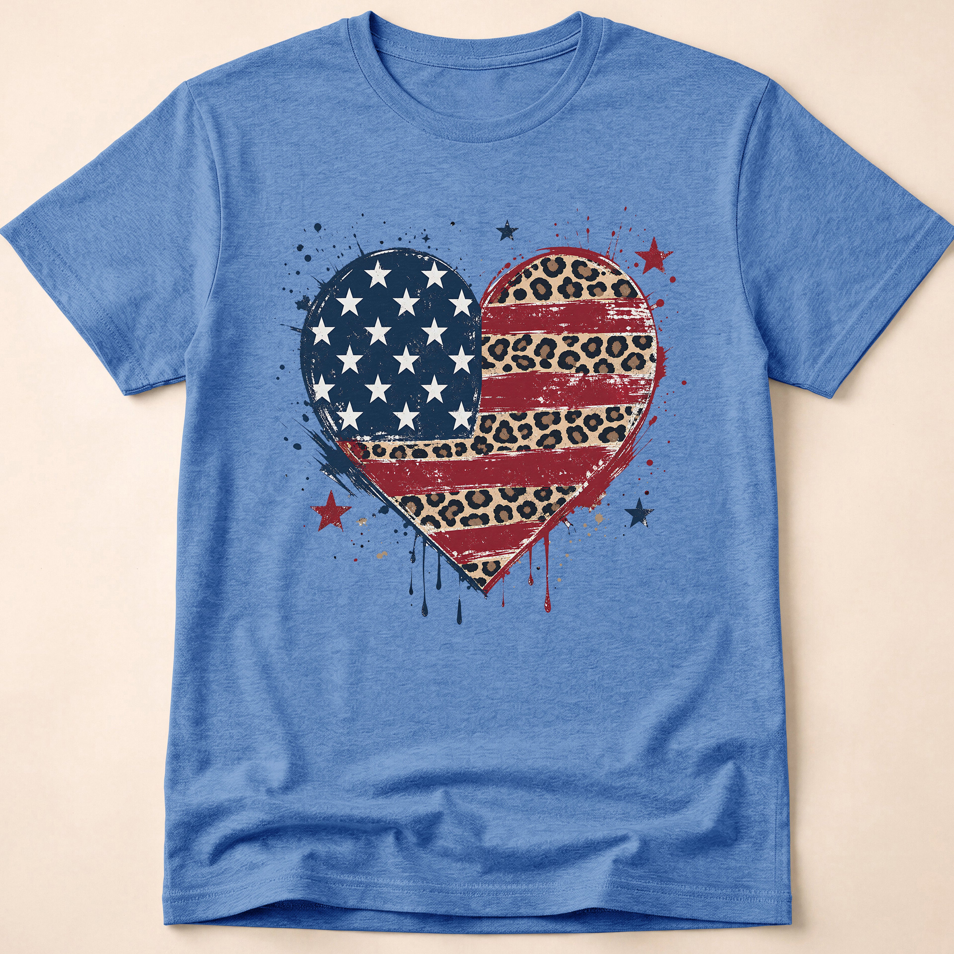 Distressed Leopard Print Heart USA Flag T-Shirt