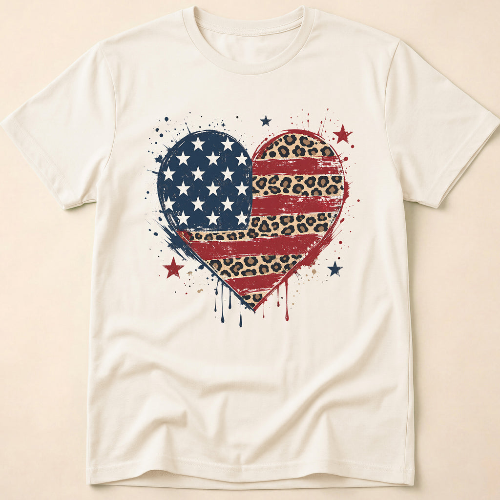 Distressed Leopard Print Heart USA Flag T-Shirt