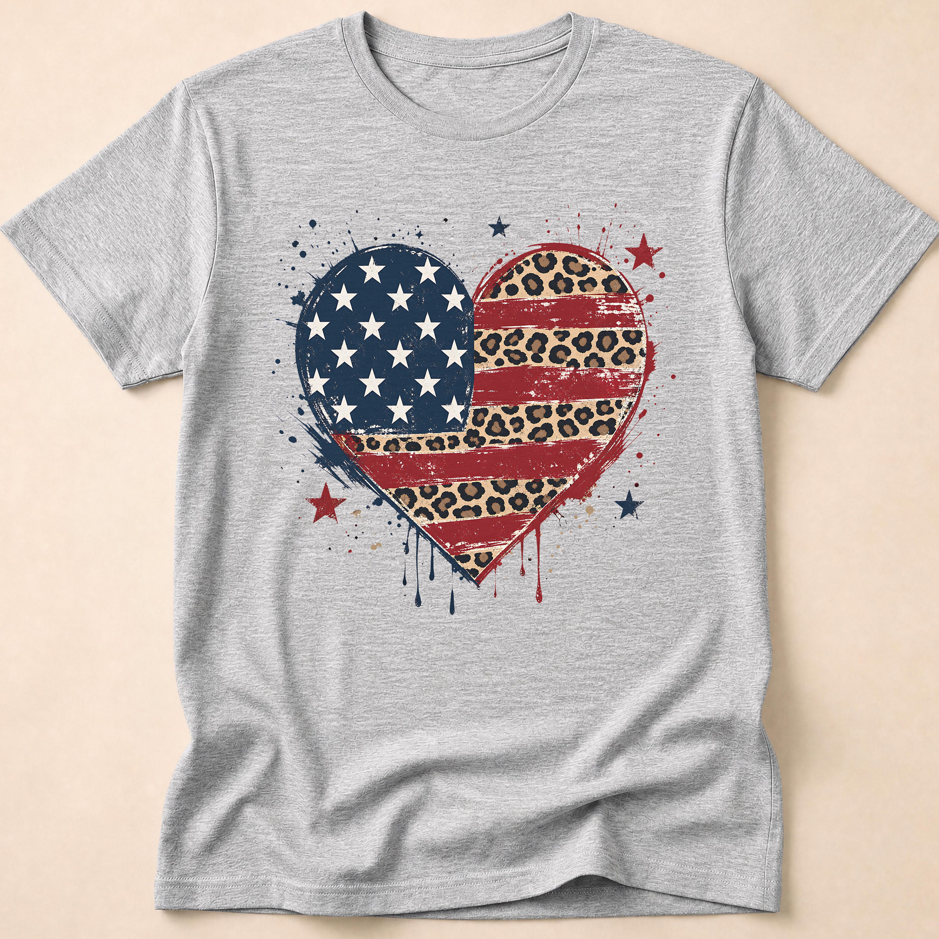Distressed Leopard Print Heart USA Flag T-Shirt