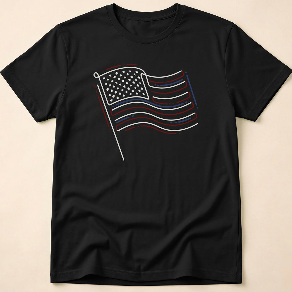 Minimalist Sketched Line Art American Flag T-Shirt