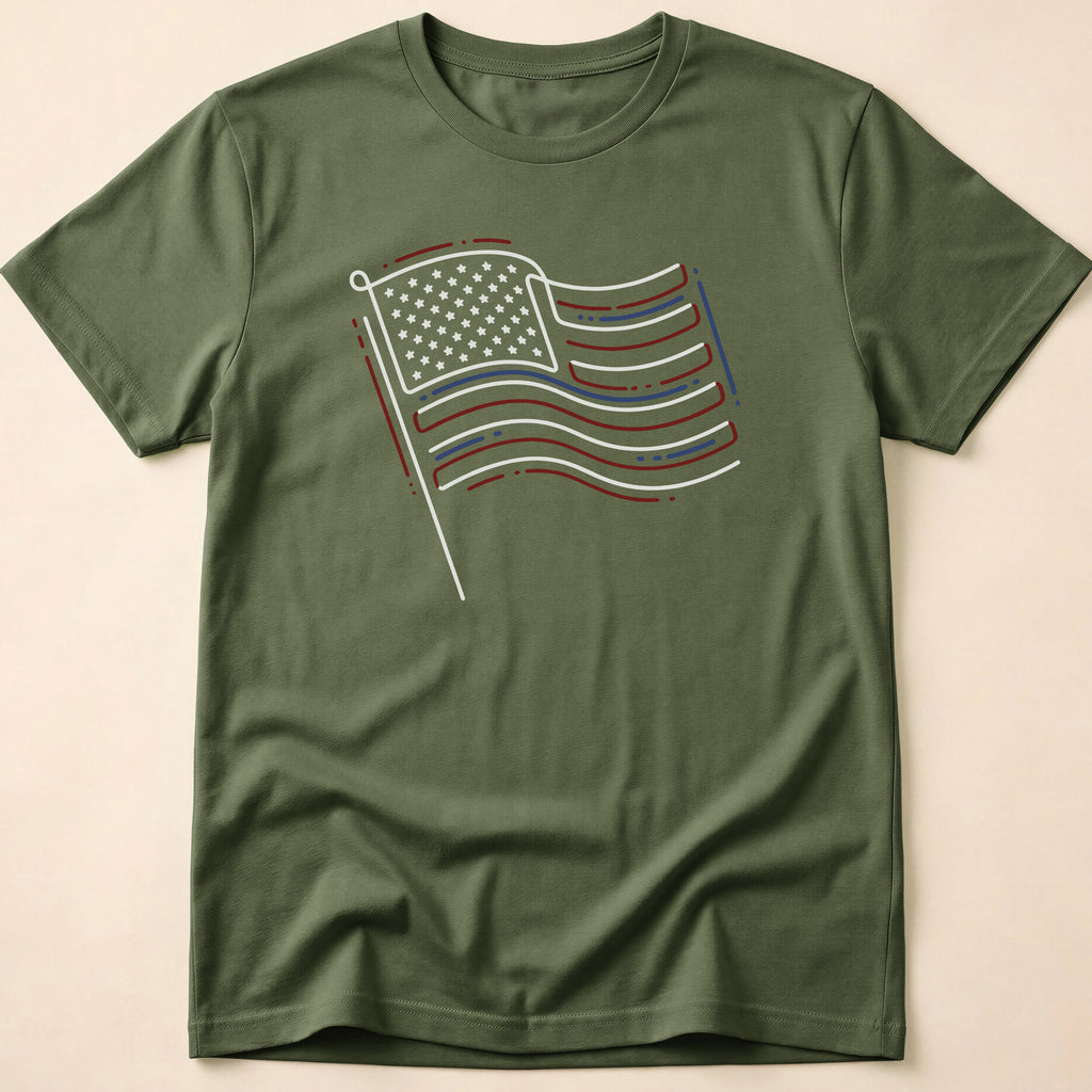 Minimalist Sketched Line Art American Flag T-Shirt