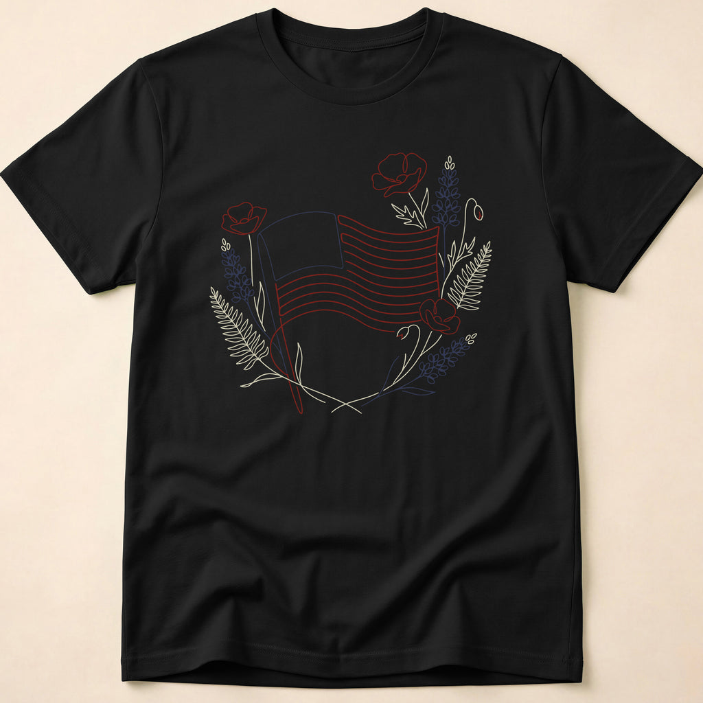 Botanical Floral Line Art American Flag T-Shirt