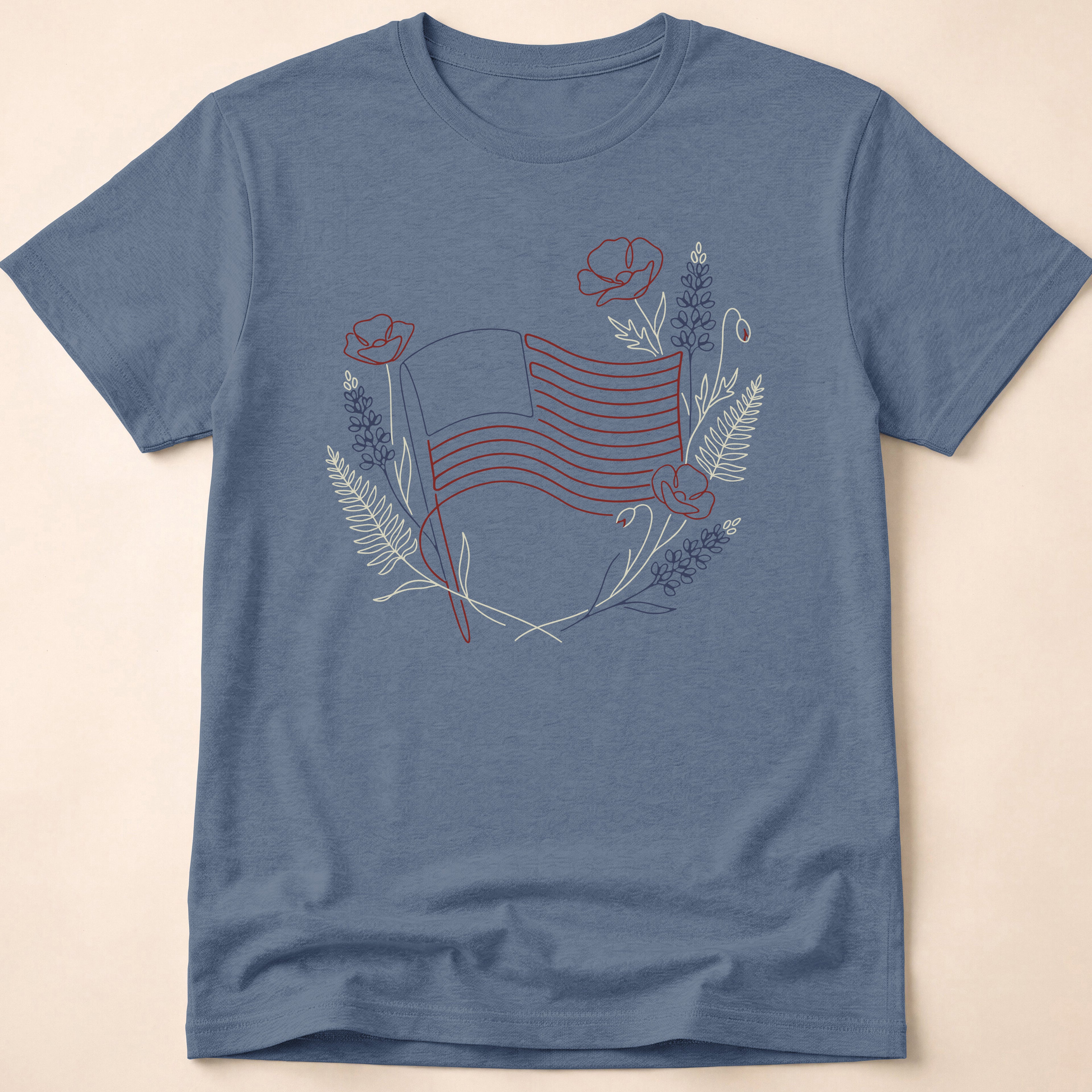 Botanical Floral Line Art American Flag T-Shirt