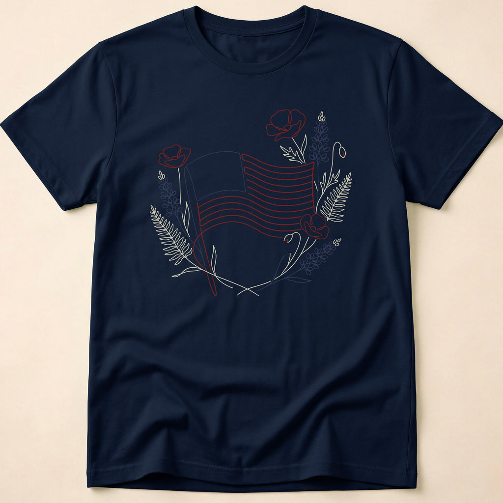 Botanical Floral Line Art American Flag T-Shirt
