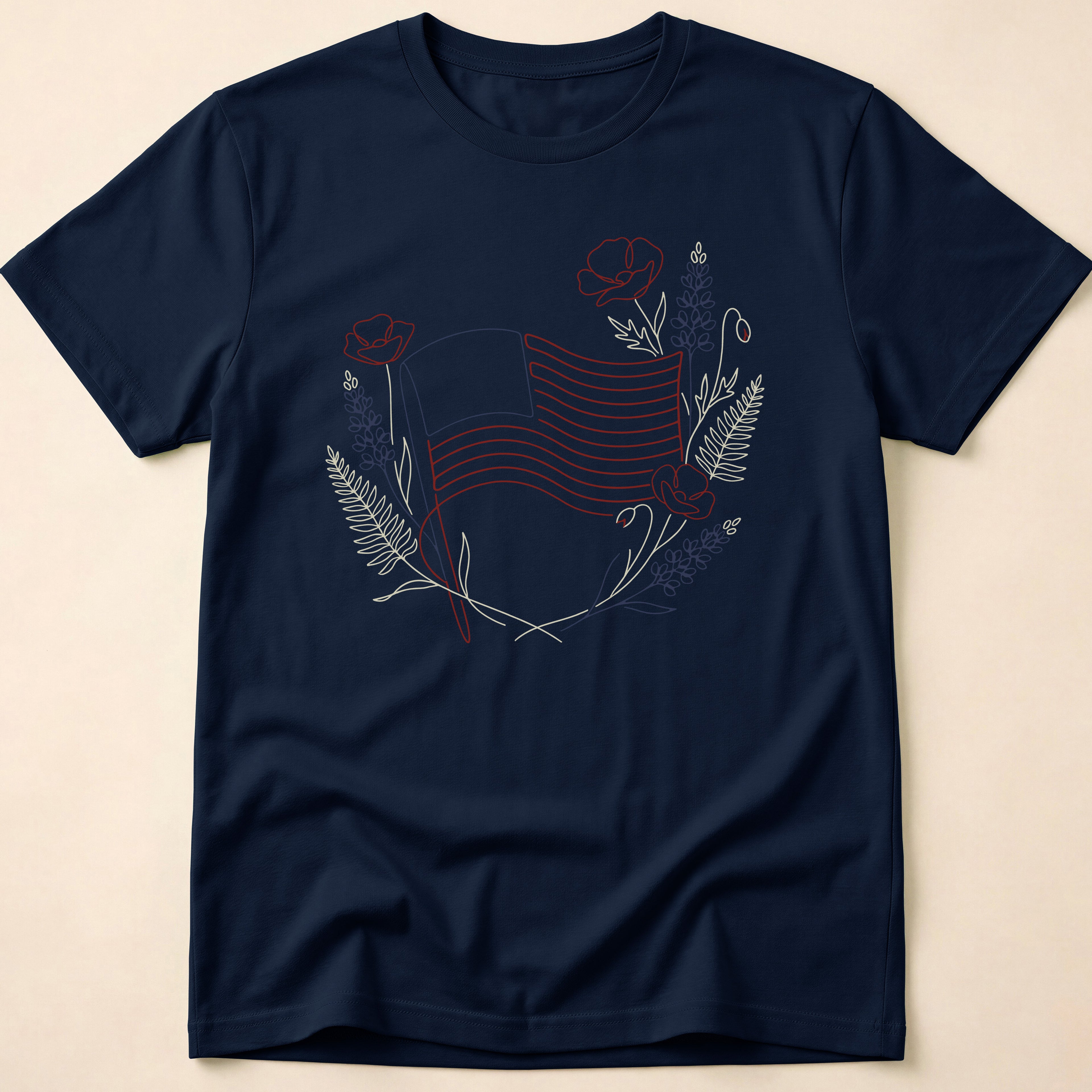 Botanical Floral Line Art American Flag T-Shirt