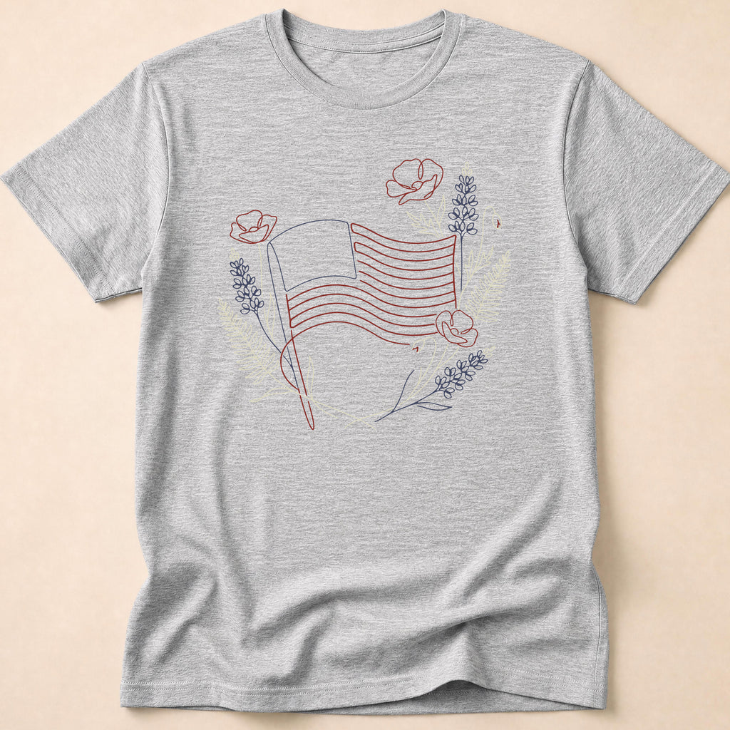 Botanical Floral Line Art American Flag T-Shirt