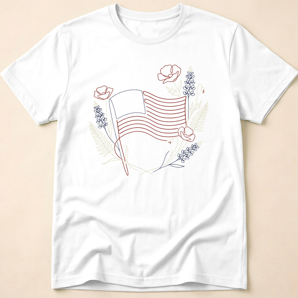 Botanical Floral Line Art American Flag T-Shirt
