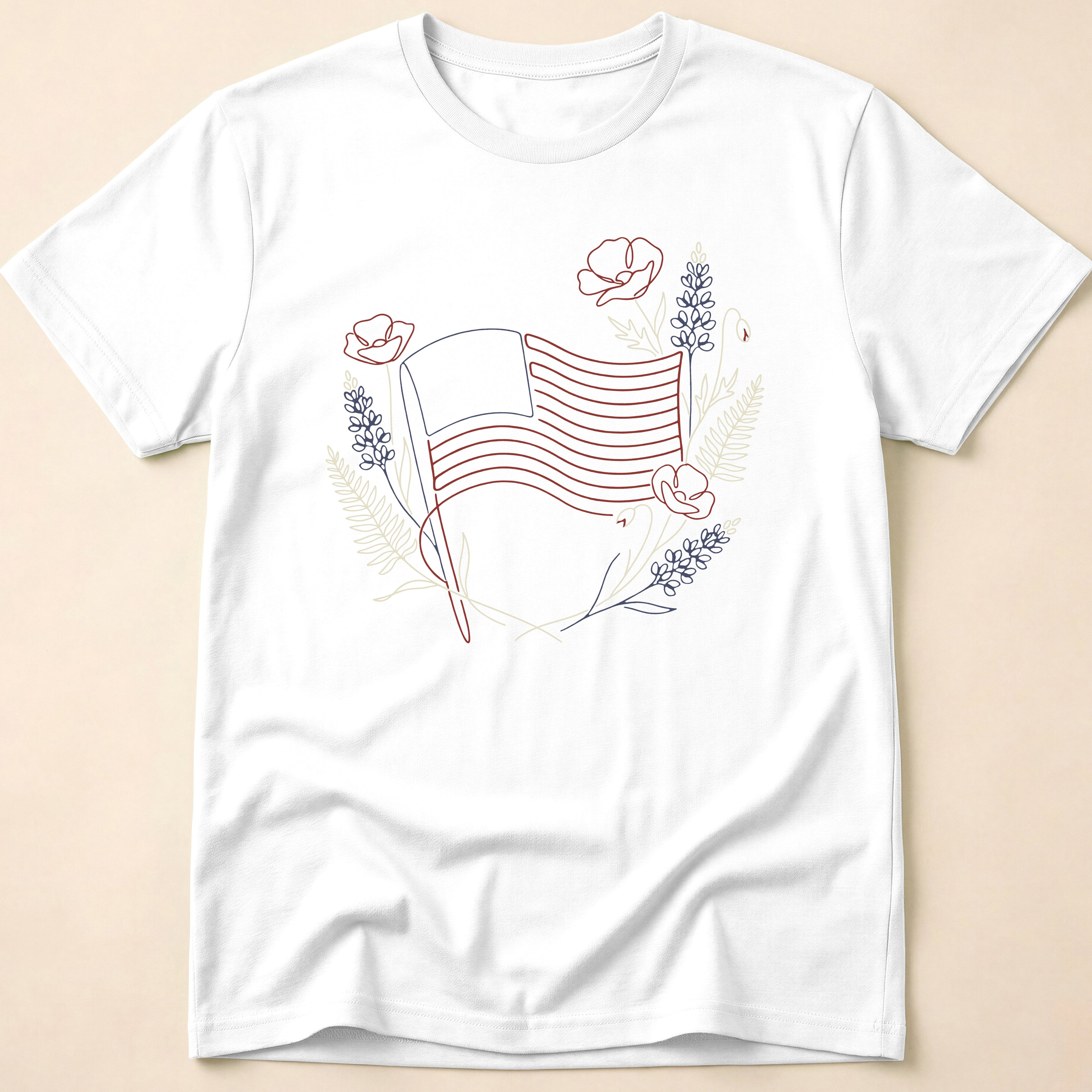 Botanical Floral Line Art American Flag T-Shirt