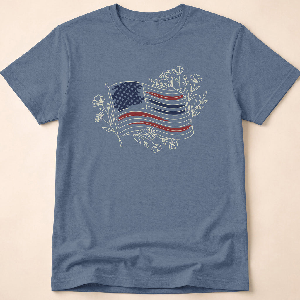 Boho Floral Line Art American Flag T-Shirt