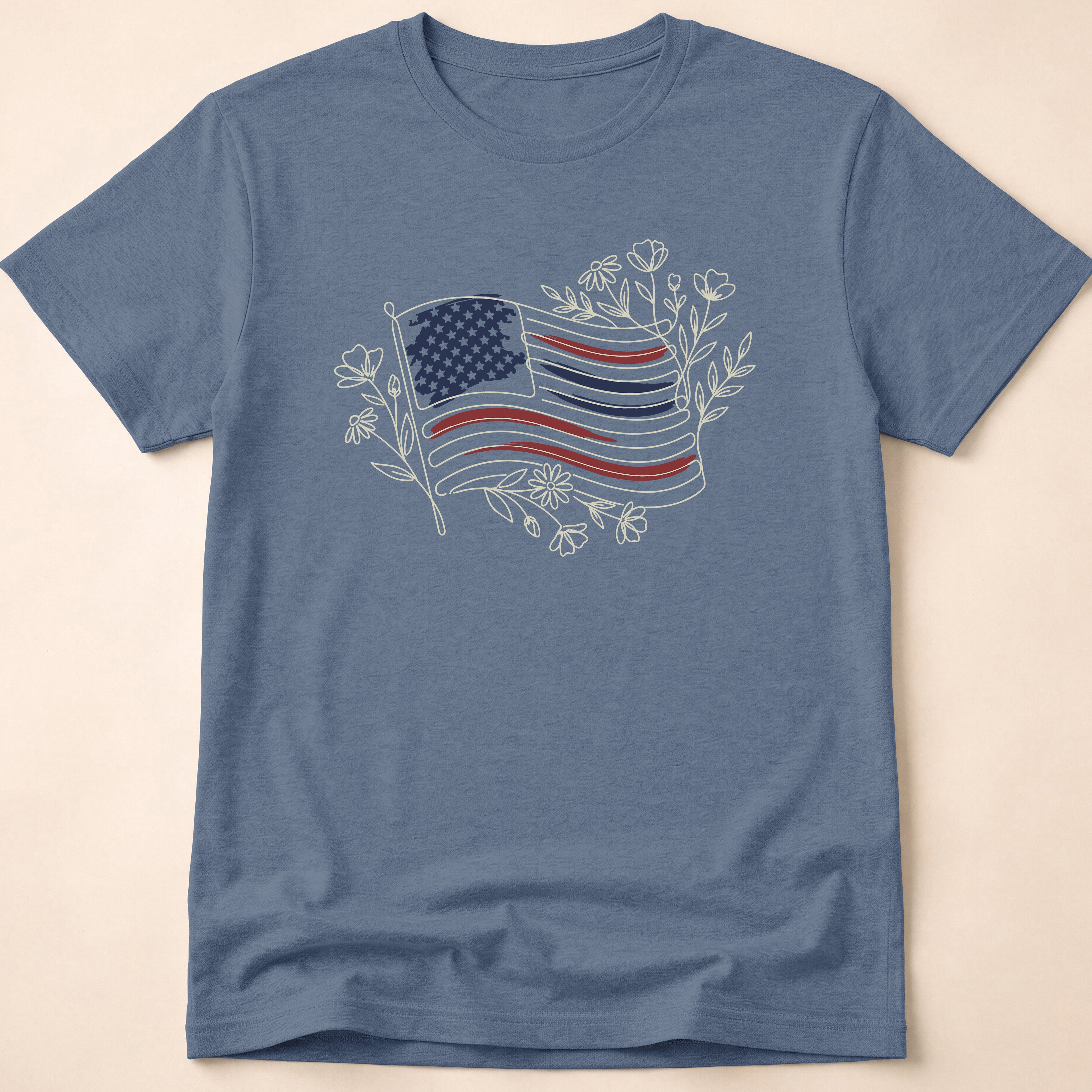 Boho Floral Line Art American Flag T-Shirt