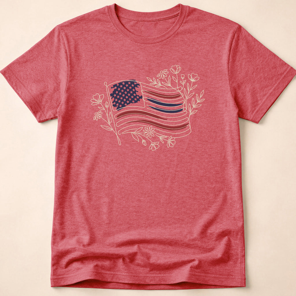 Boho Floral Line Art American Flag T-Shirt