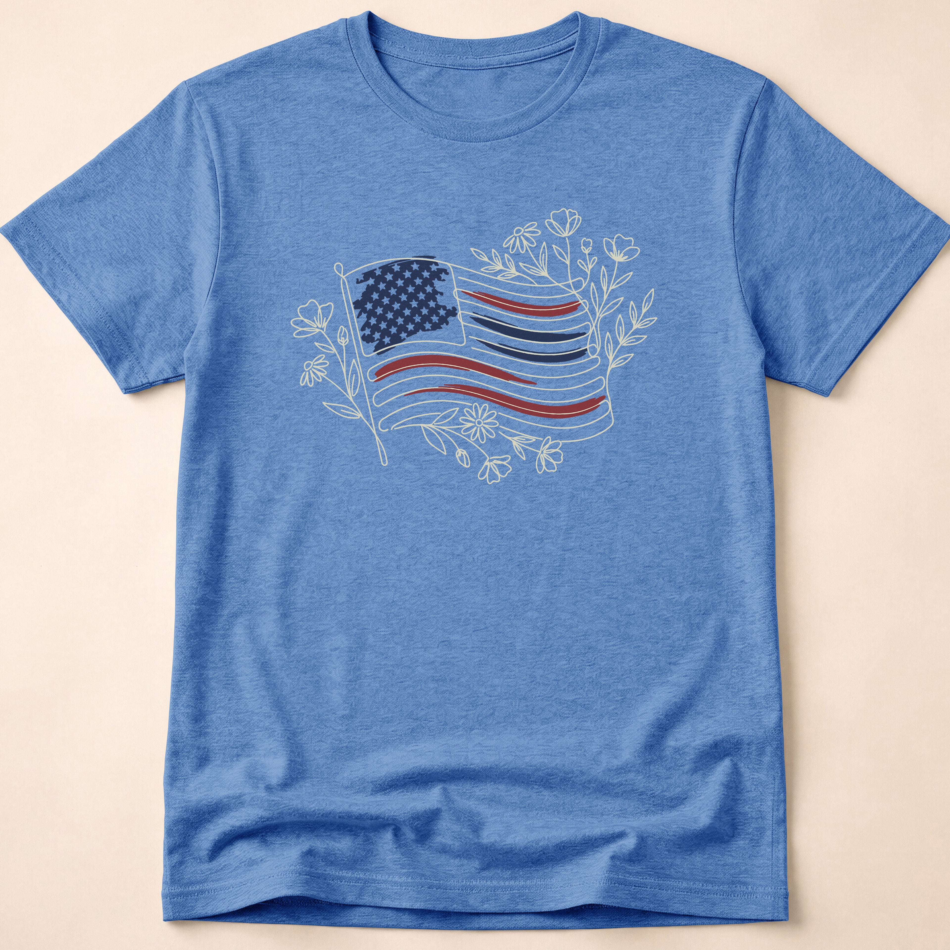 Boho Floral Line Art American Flag T-Shirt