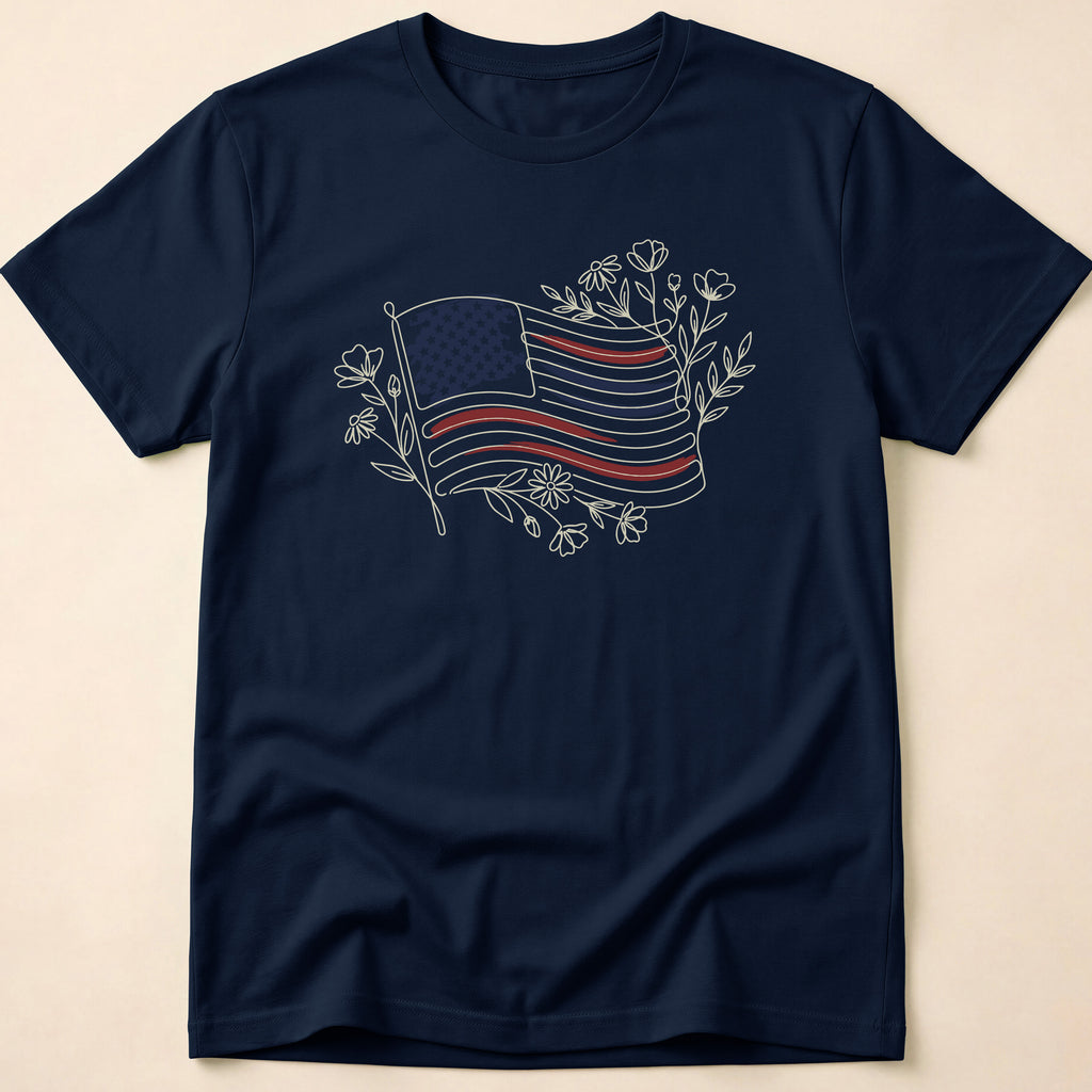 Boho Floral Line Art American Flag T-Shirt