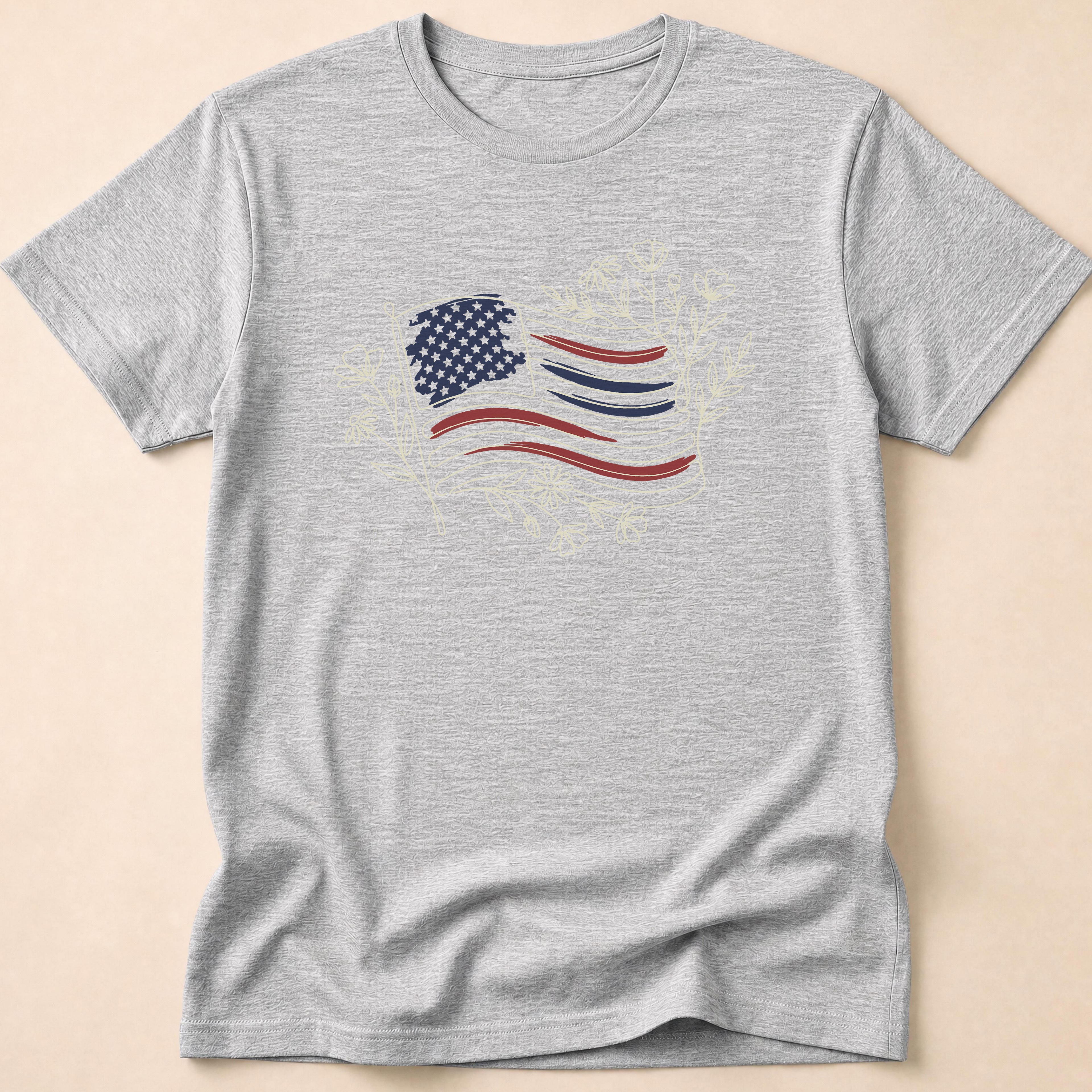 Boho Floral Line Art American Flag T-Shirt