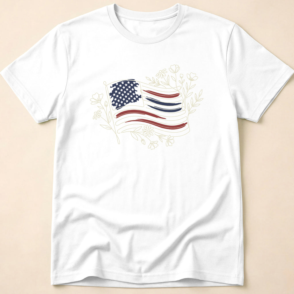 Boho Floral Line Art American Flag T-Shirt