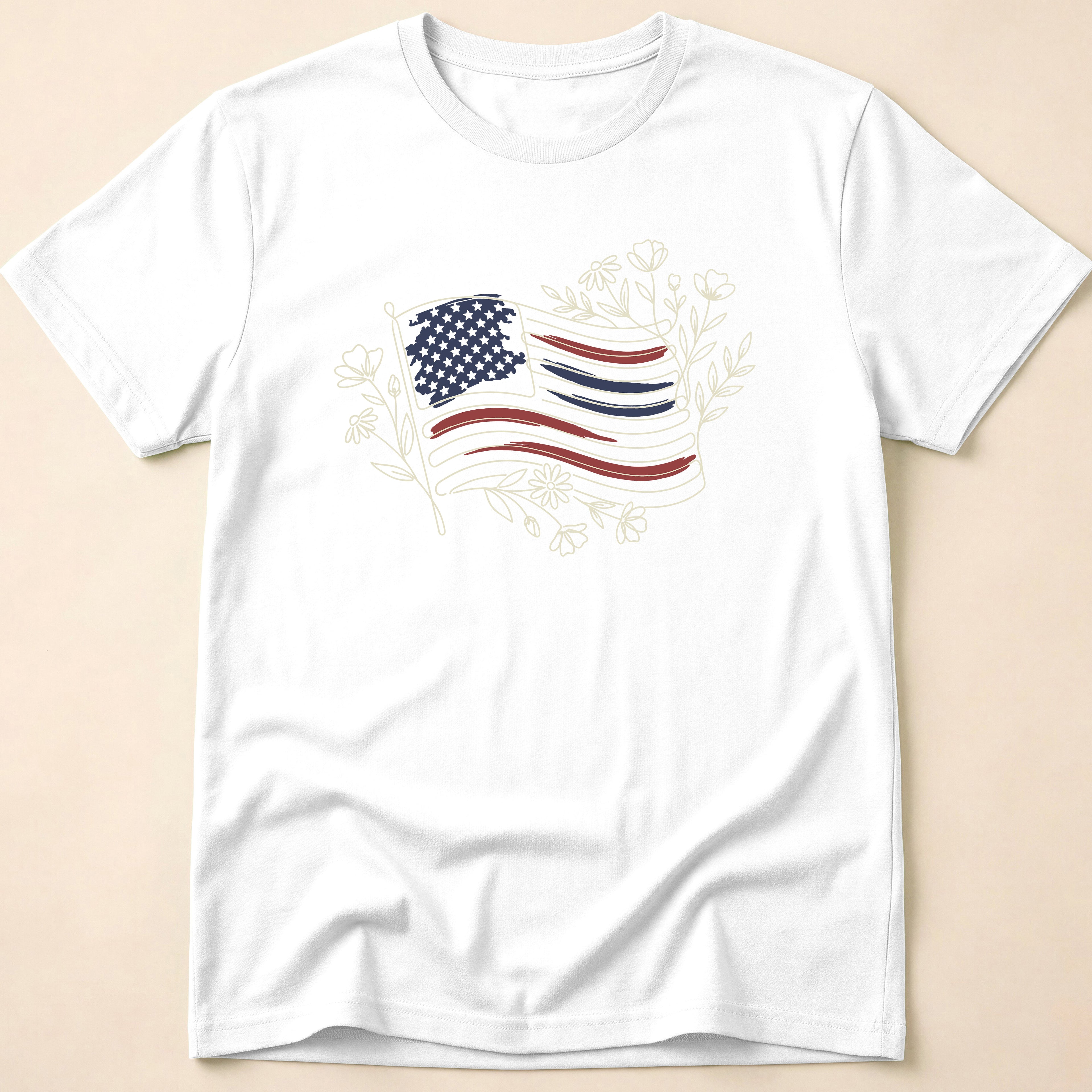 Boho Floral Line Art American Flag T-Shirt
