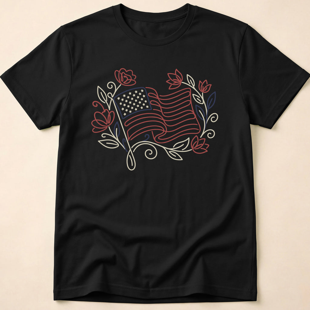 Elegant Floral Line Art American Flag T-Shirt