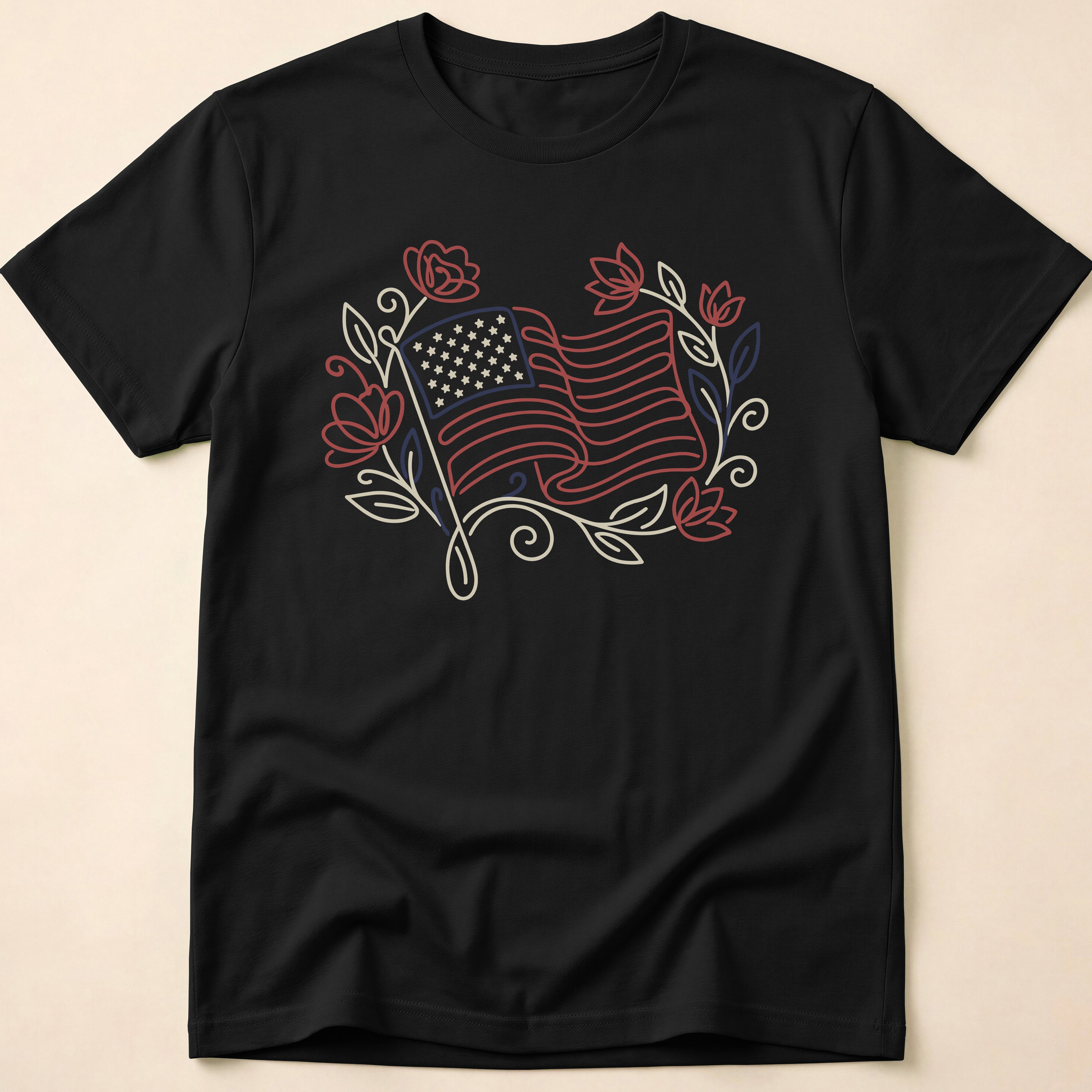 Elegant Floral Line Art American Flag T-Shirt