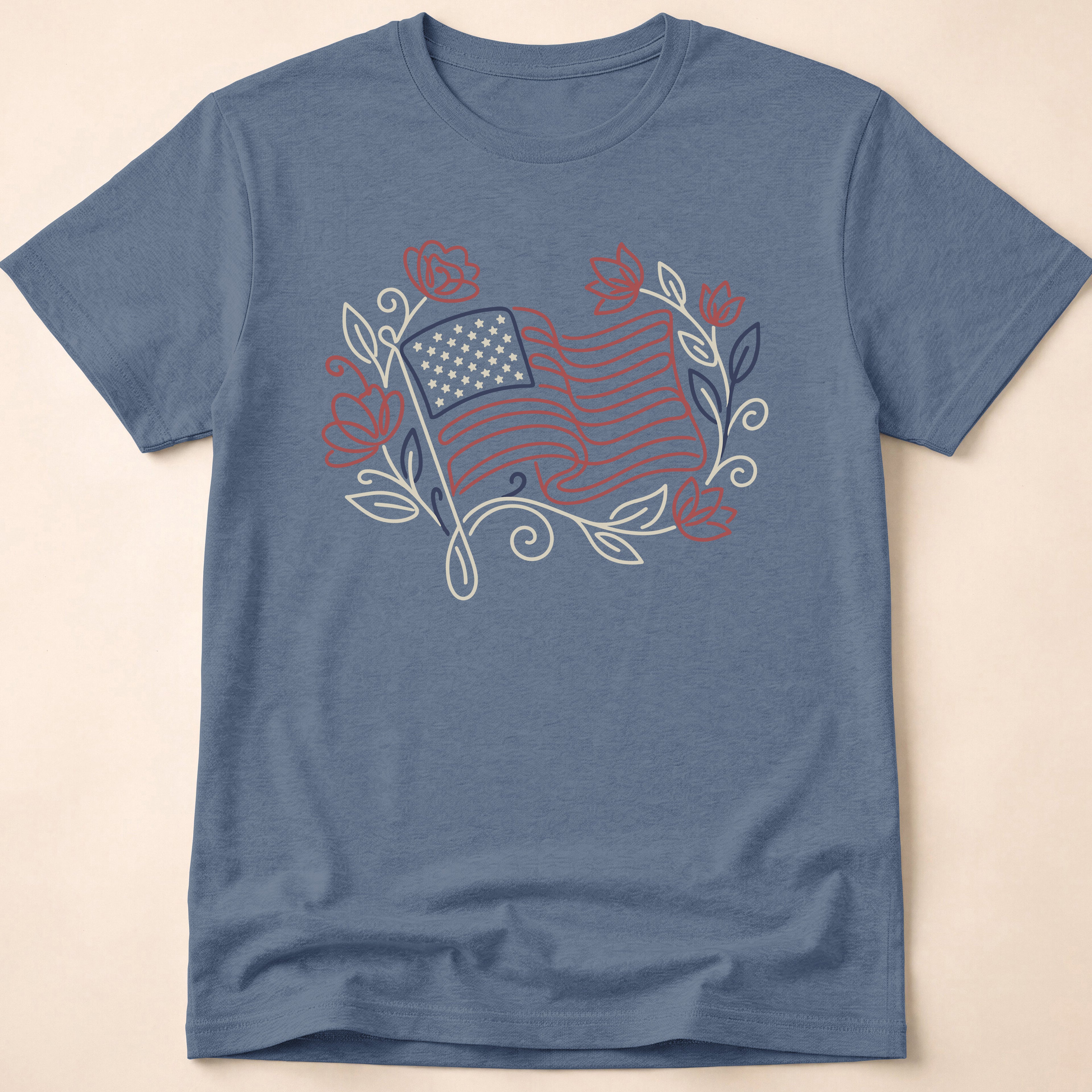 Elegant Floral Line Art American Flag T-Shirt