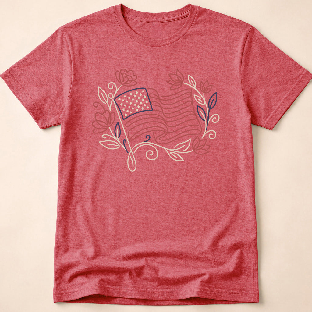 Elegant Floral Line Art American Flag T-Shirt