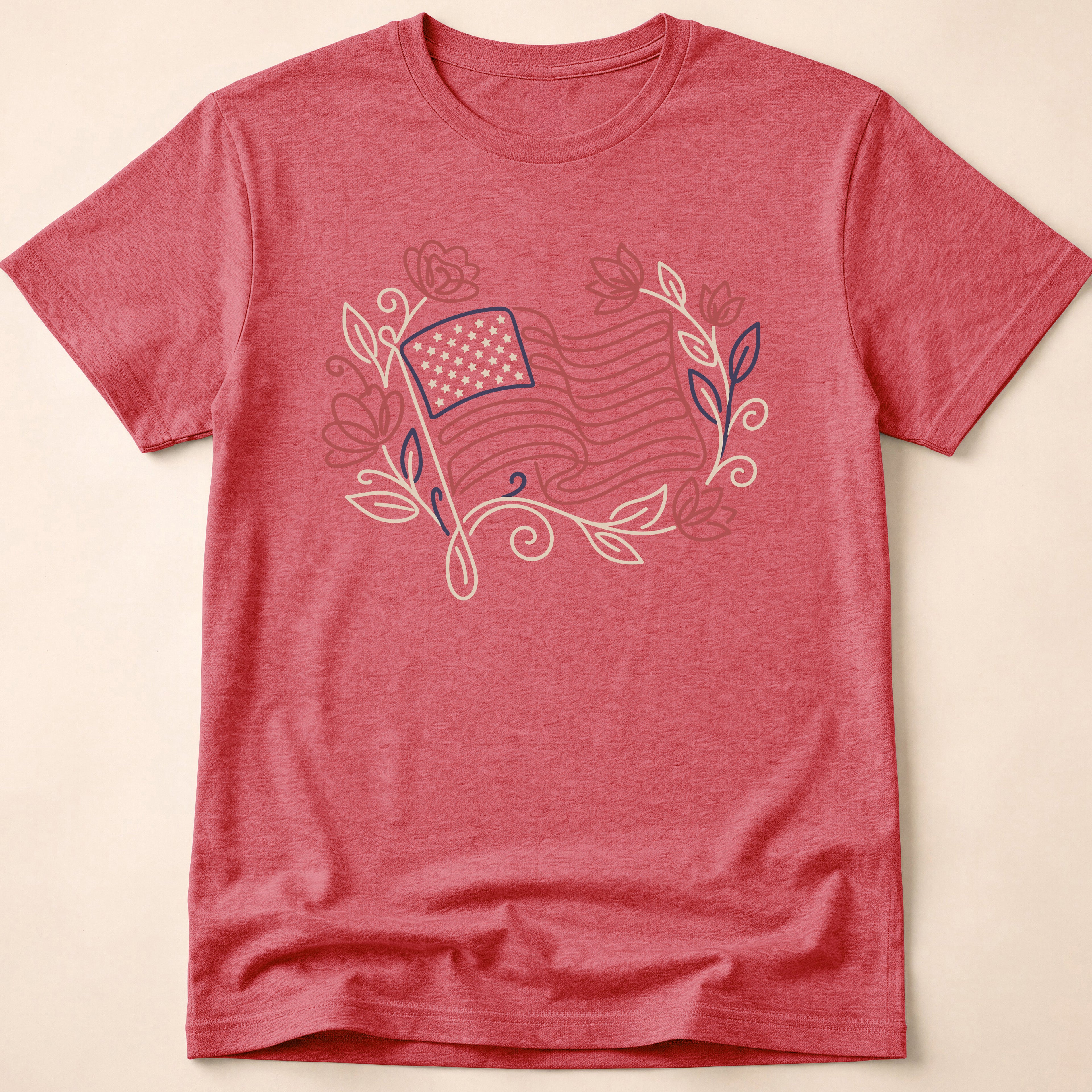 Elegant Floral Line Art American Flag T-Shirt