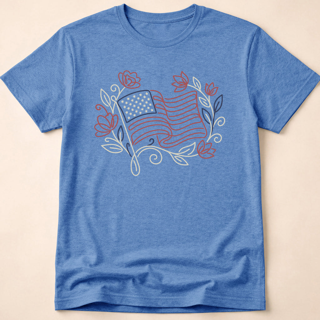 Elegant Floral Line Art American Flag T-Shirt