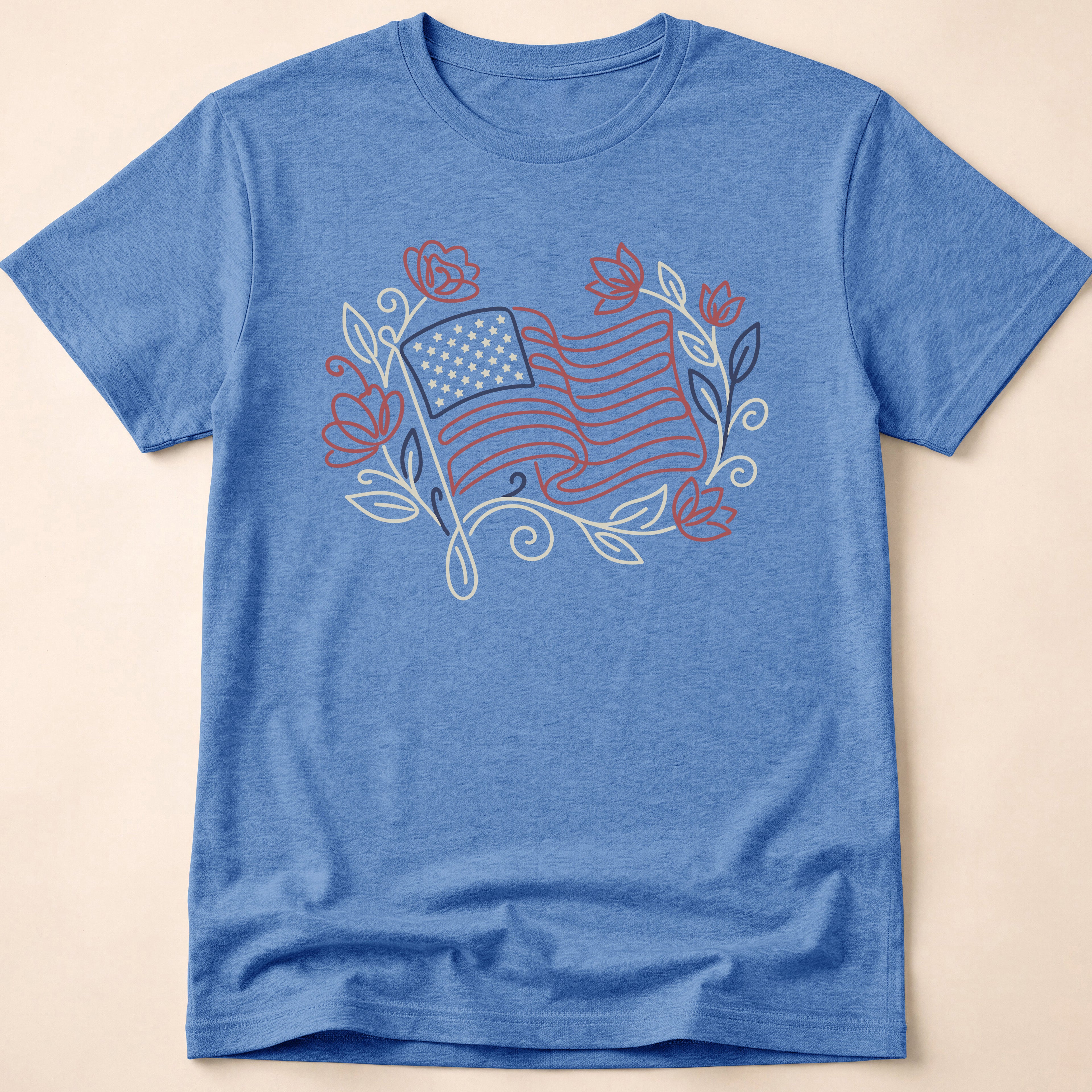 Elegant Floral Line Art American Flag T-Shirt