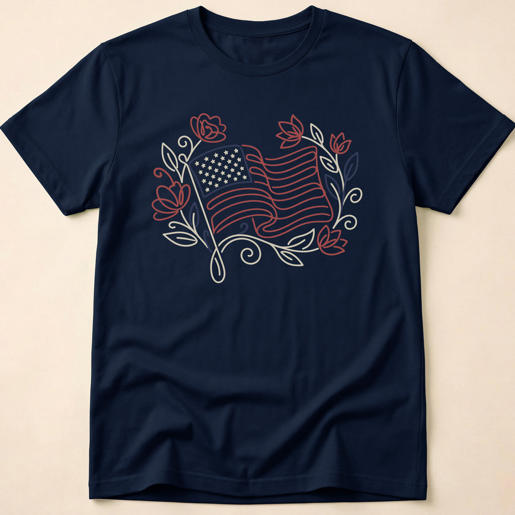 Elegant Floral Line Art American Flag T-Shirt